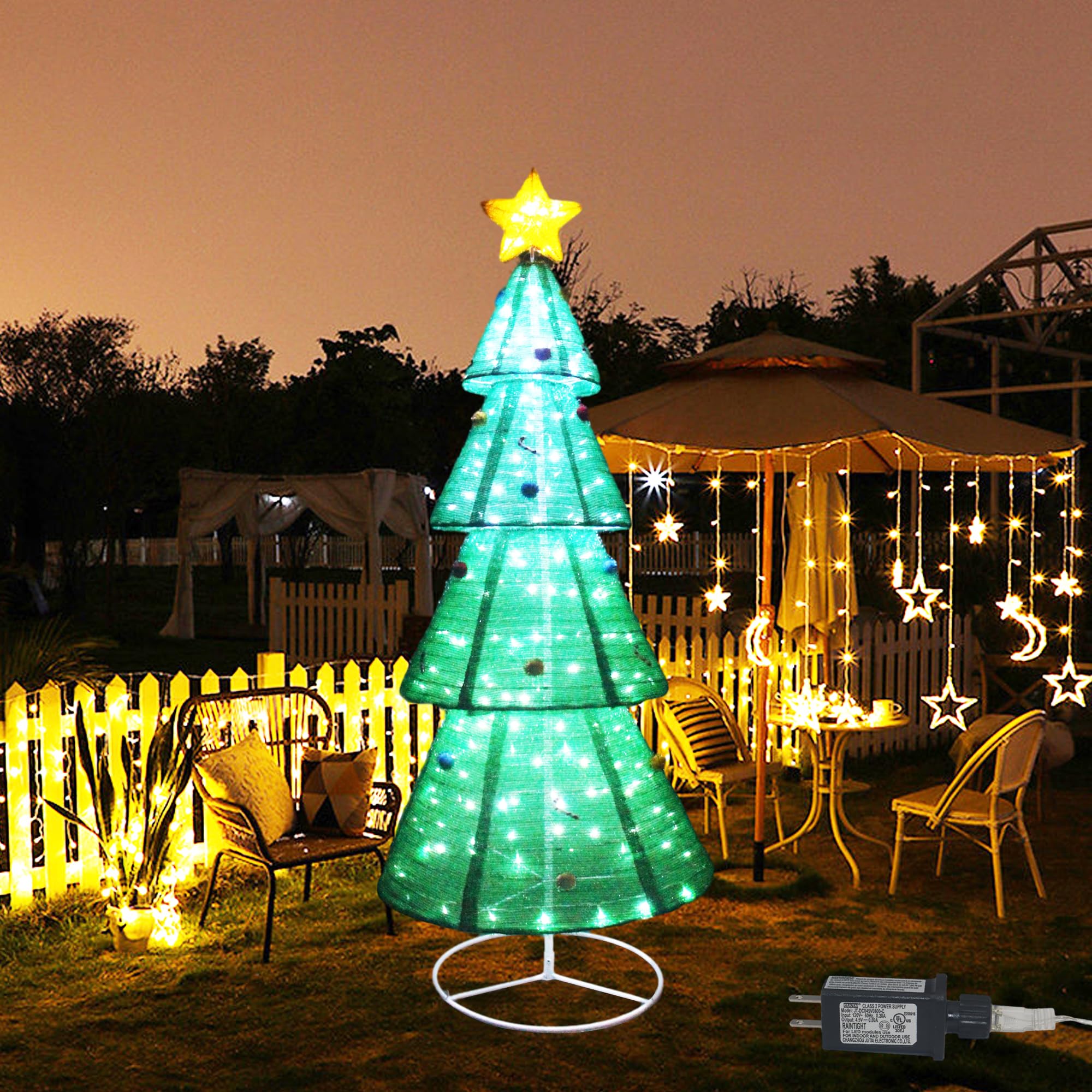 Pete Mici 6FT 3D Collapsible Lighted Xmas Tree Christmas Decorations,200LED White Lights Plug-in,Metal Stand for Outdoor Yard Xmas Event Decoration