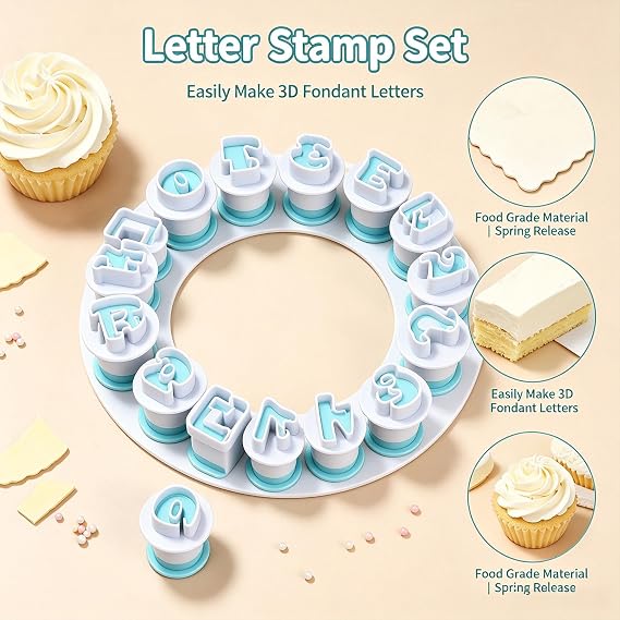 36PCS Alphabet Cookie Cutter Set, A-Z Fondant Letter Cutters and Number Stamps, Food Grade Plastic Cake Decorating Tools for Birthday Wedding Christmas Party