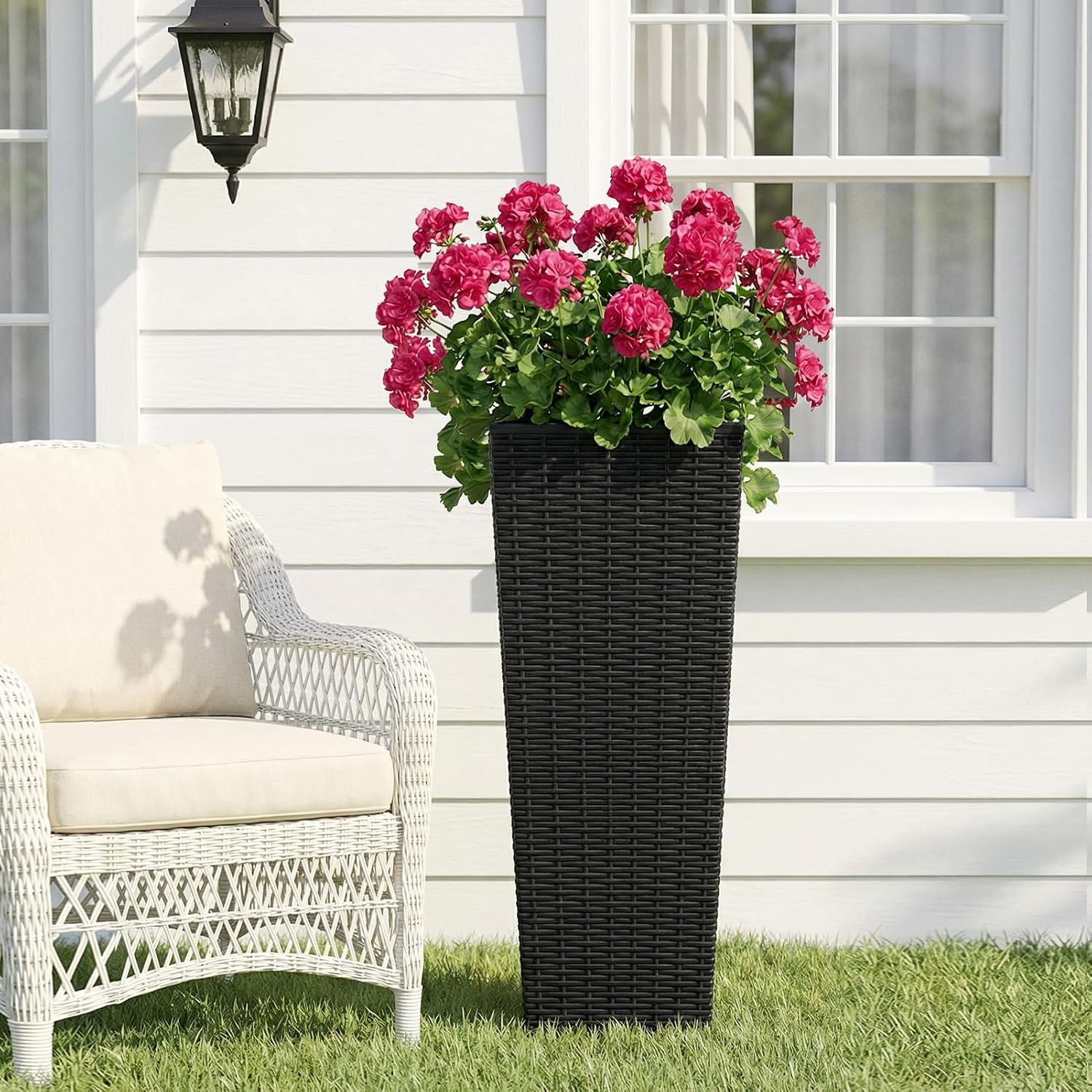 IKAYAA 32in Tall Planters for Outdoor Plants Set of 2, Large Outdoor Tall Resin Planters, Outdoor Planters for Porch Patio Garden, Black Flower Pots, 11.69x11.69x32.28in