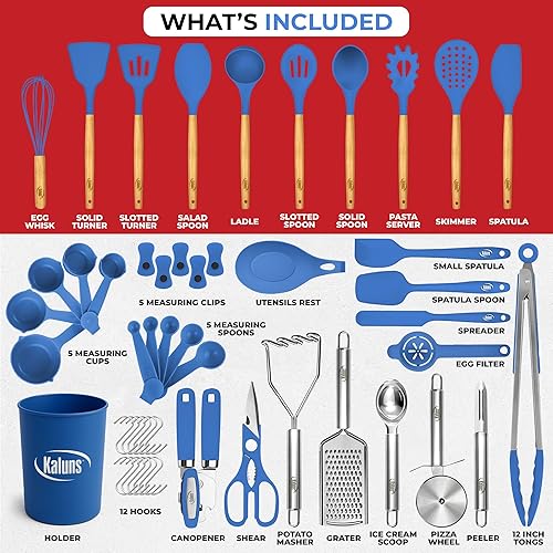 Miniatura 3 de Kaluns Juego completo de utensilios de cocina de silicona, 50 piezas, resistente al calor, antiadherentes, con asas de madera, 800 F, resistentes al