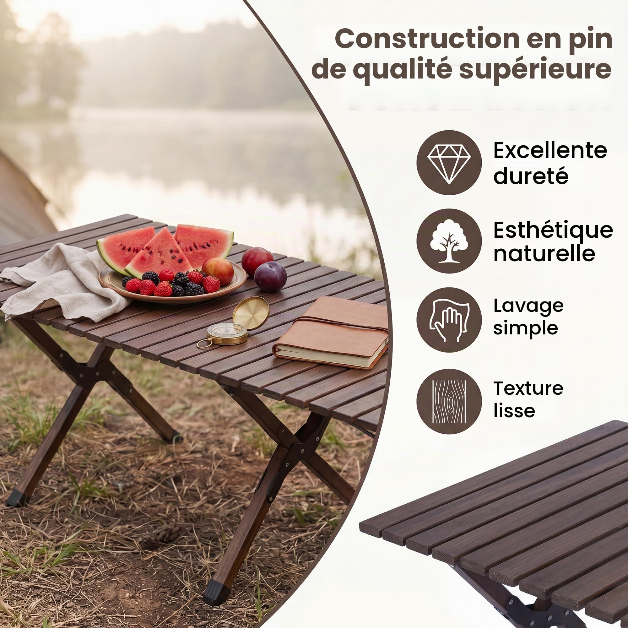 HOMASIS Table Pliante 4-6 Personnes en Bois de Pin, Table Pique Nique Enroulable Portable avec Sac de Transport&Cadre en X, pour Camping, Barbecue, Fête, Jardin, Charge 70kg, 122x60x45cm (Café)