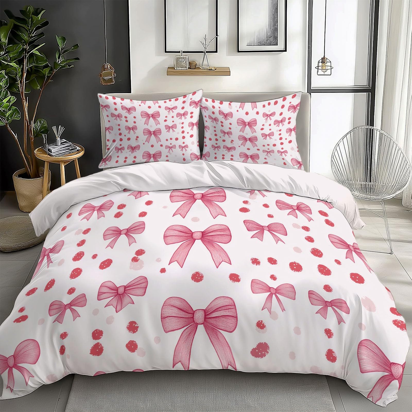 White Bedding Sets Cartoon Cute Bow Pink Print Duvet Cover Set, Comforter Cover Full Size Soft Breathable Reversible 3-Piece Bedding for Kids Teens