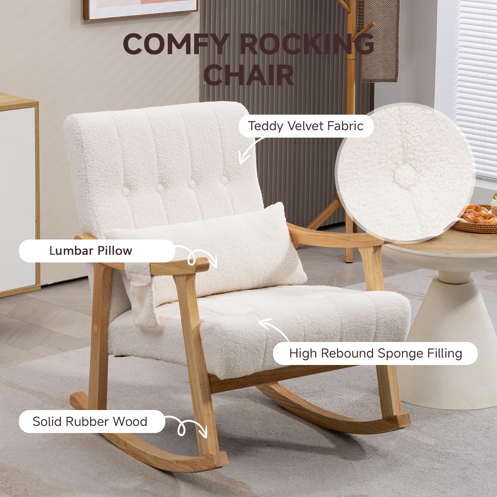 EROMMY Fauteuil à Bascule, Fauteuil de Relaxation en Tissu Teddy avec Coussin Lombaire & Poche Latérale, Rembourré en Tissu Doux, avec Cadre en Bois de Caoutchouc, pour Salon, Chambre à Coucher, Blanc