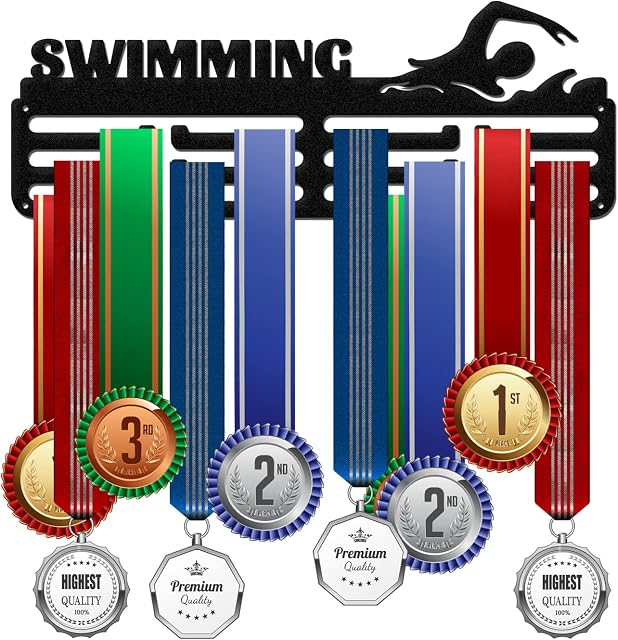 GLOBLELAND SWIMMING Medal Holder Wall Mount Medal Display Hanger Rack Iron Black Wall Mount Medal Hanger Easy to Install, 15x40cm/5.9x15.7inches