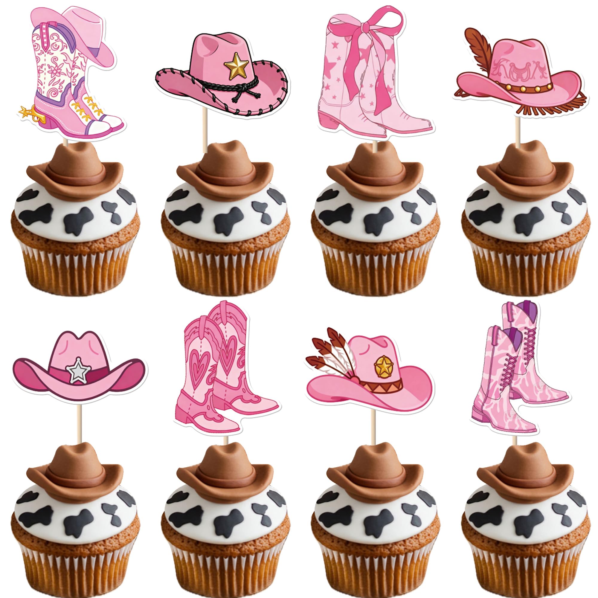 SYKYCTCY 40 Pack Cowgirl Cupcake Toppers Glitter Hat Boot Cupcake Picks Western Cowboy Birthday Cake Decorations for Western Theme Baby Shower Birthday Party Supplies Pink