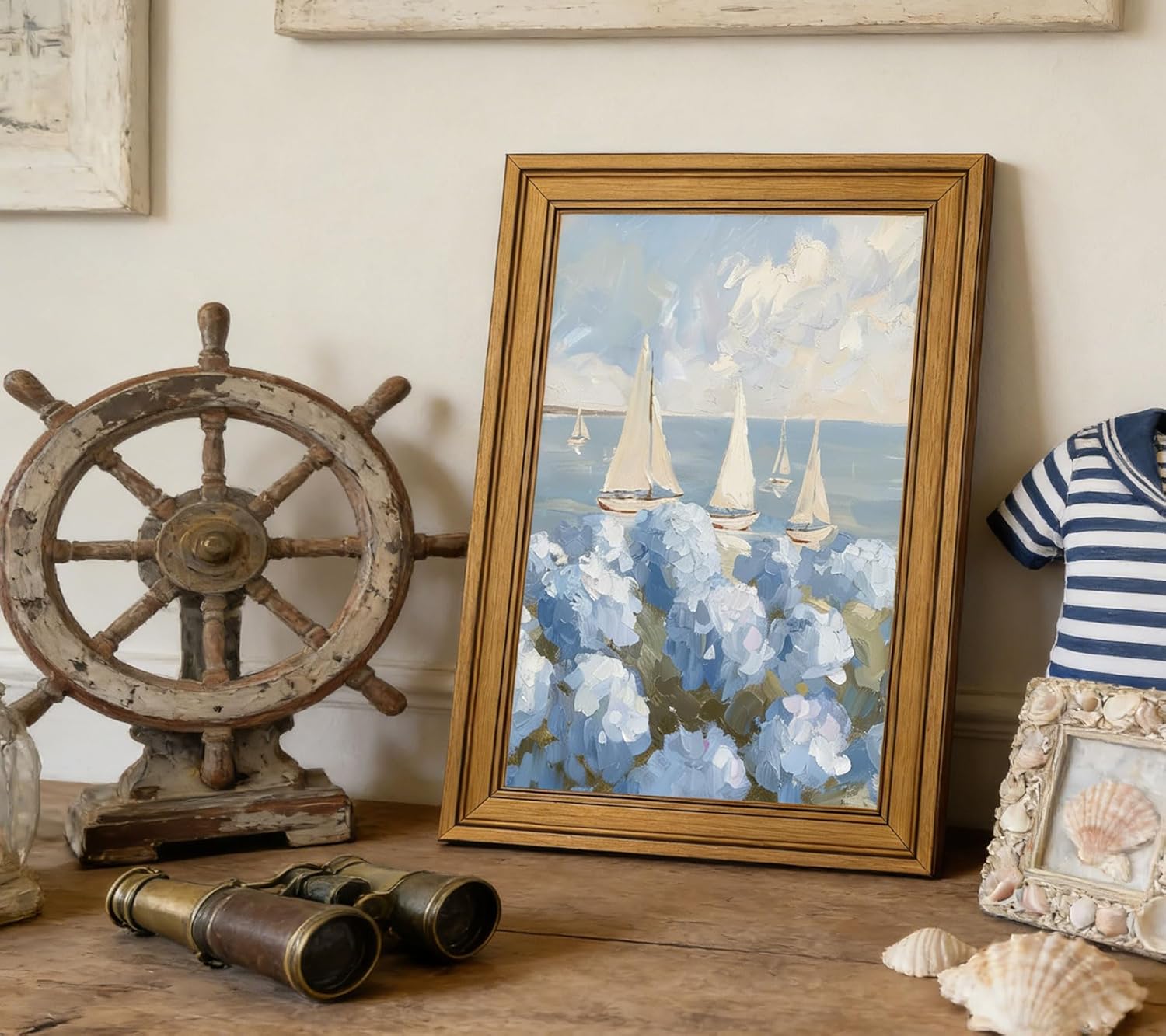 Gold Framed Vintage Coastal Hydrangea Canvas Wall Art Coastal Sailboat Painting Picture Wall Decor Seaside Summer Poster Print Artwork for Bedroom Living Room Bathroom Home Decoration 12x16in