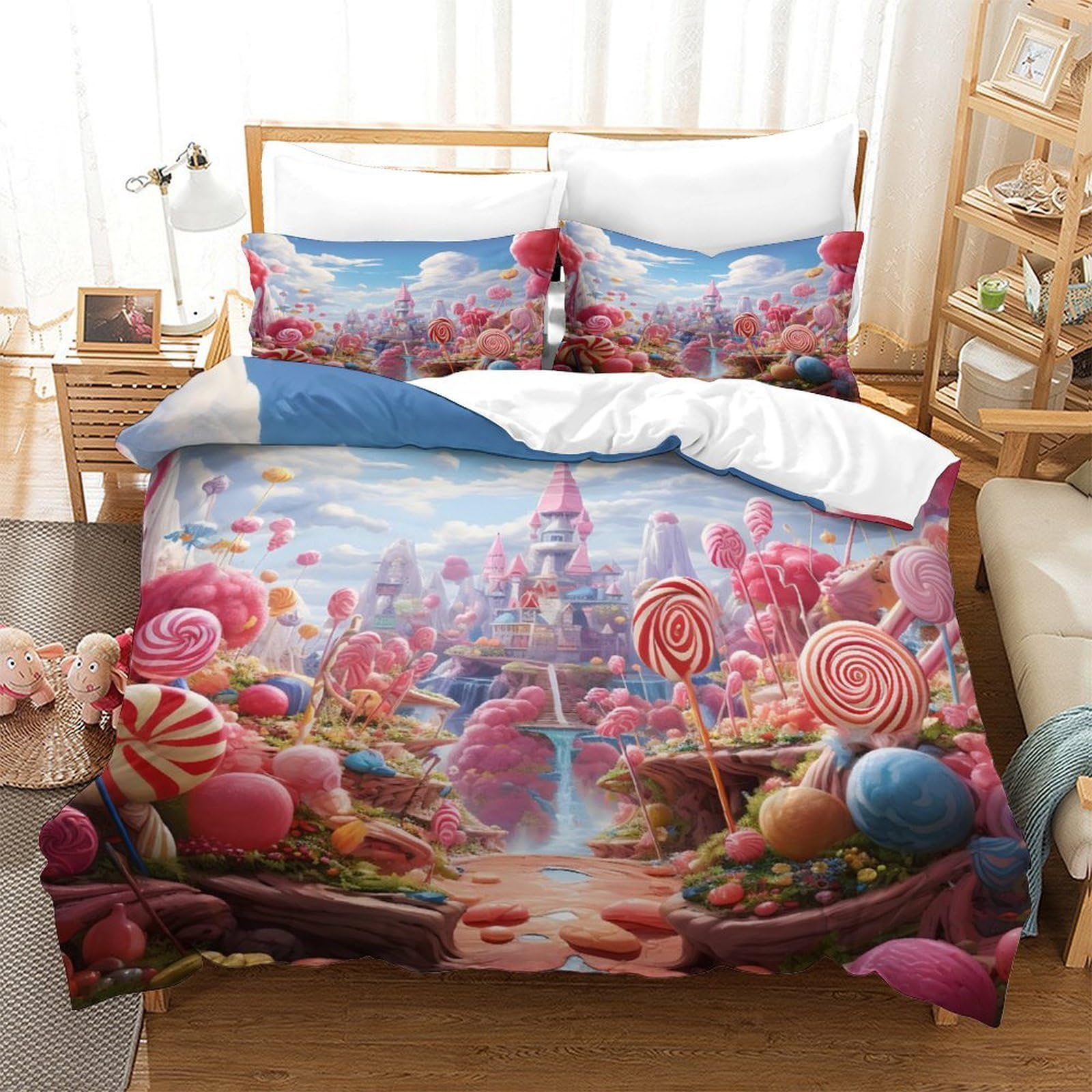 Fantasia di Candyland Impressione 3D 3 pz cover piumone Stile artistico fantasy coperteletto microfibra ipoallergenica zip per bambini uomini adulti Super king（260x220cm）