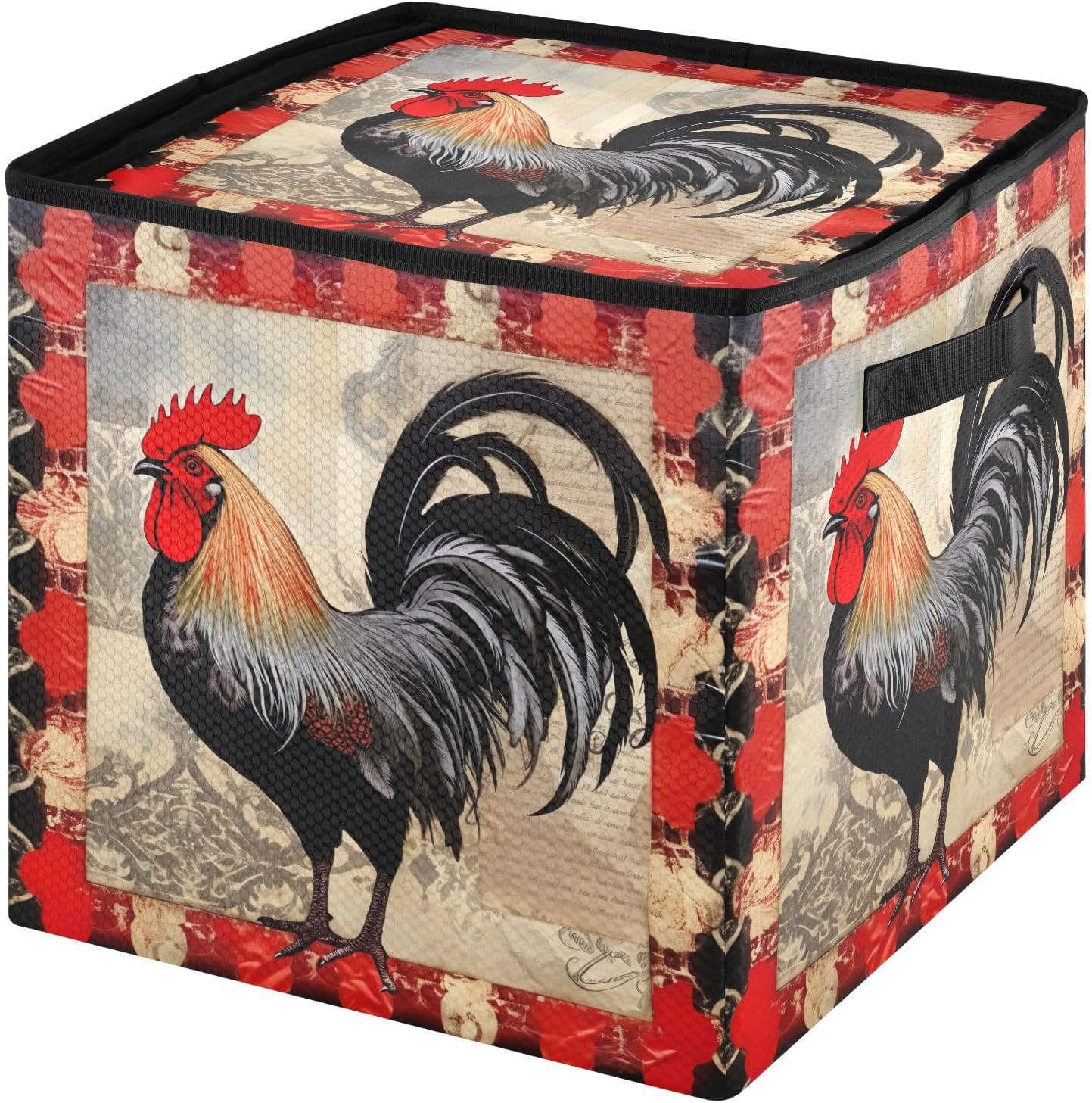 Black Red Rooster 13 Inch Christmas Ornament Storage Box with Lid - Holiday Decor Storage Containers, Stores 64 Ornaments, 3 Inch Cube Compartments