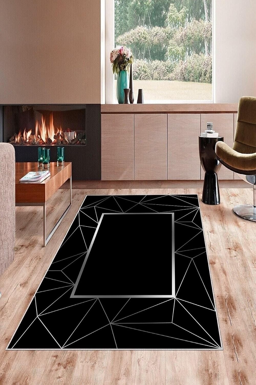 Pelangi Siyah Zemin Gri Çizgili Yıkanabilir Kaymaz Taban Leke Tutmaz Modern Salon Halısı Ve Yolluk, Siyah-Gümüş 100 x 250, 7457127910025005