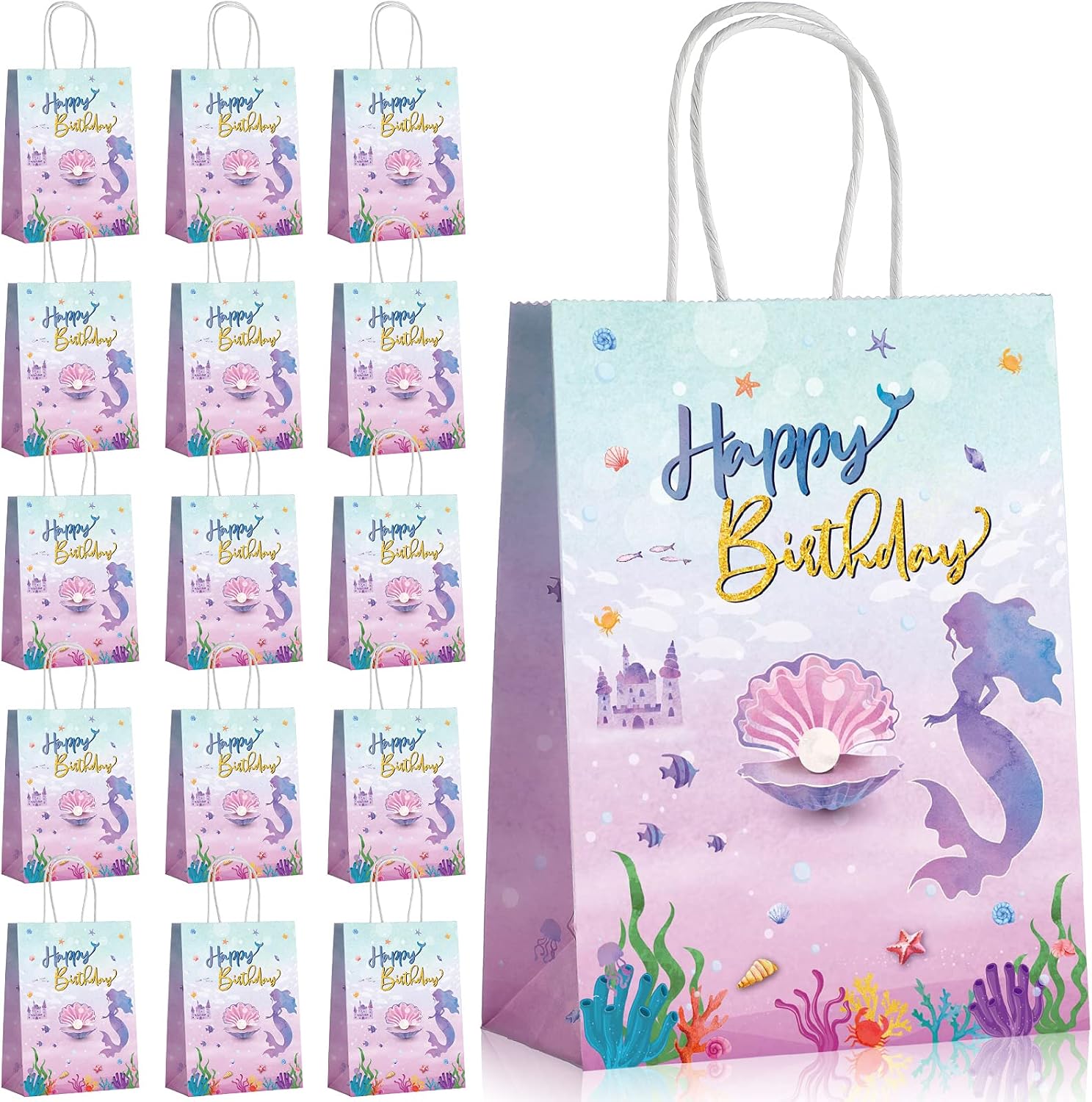Amazon.com: Chrisfall 16 Pieces Mermaid Party Favor Bags Paper Birthday ...