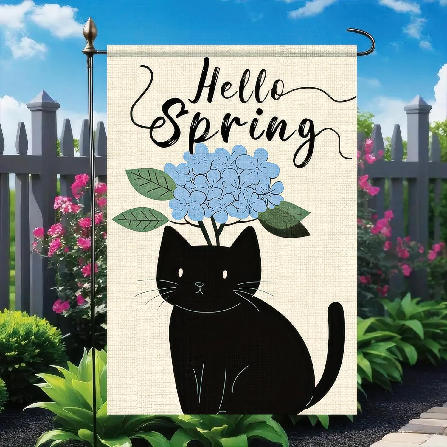Hello Spring Garden Flag 12x18 Inch Double Sided Black Cat Floral Yard Flag Spring Outdoor Decor for Porch Patio Lawn Welcome Garden Flag Seasonal Hydrangea Flower Yard Decoration - Image 2