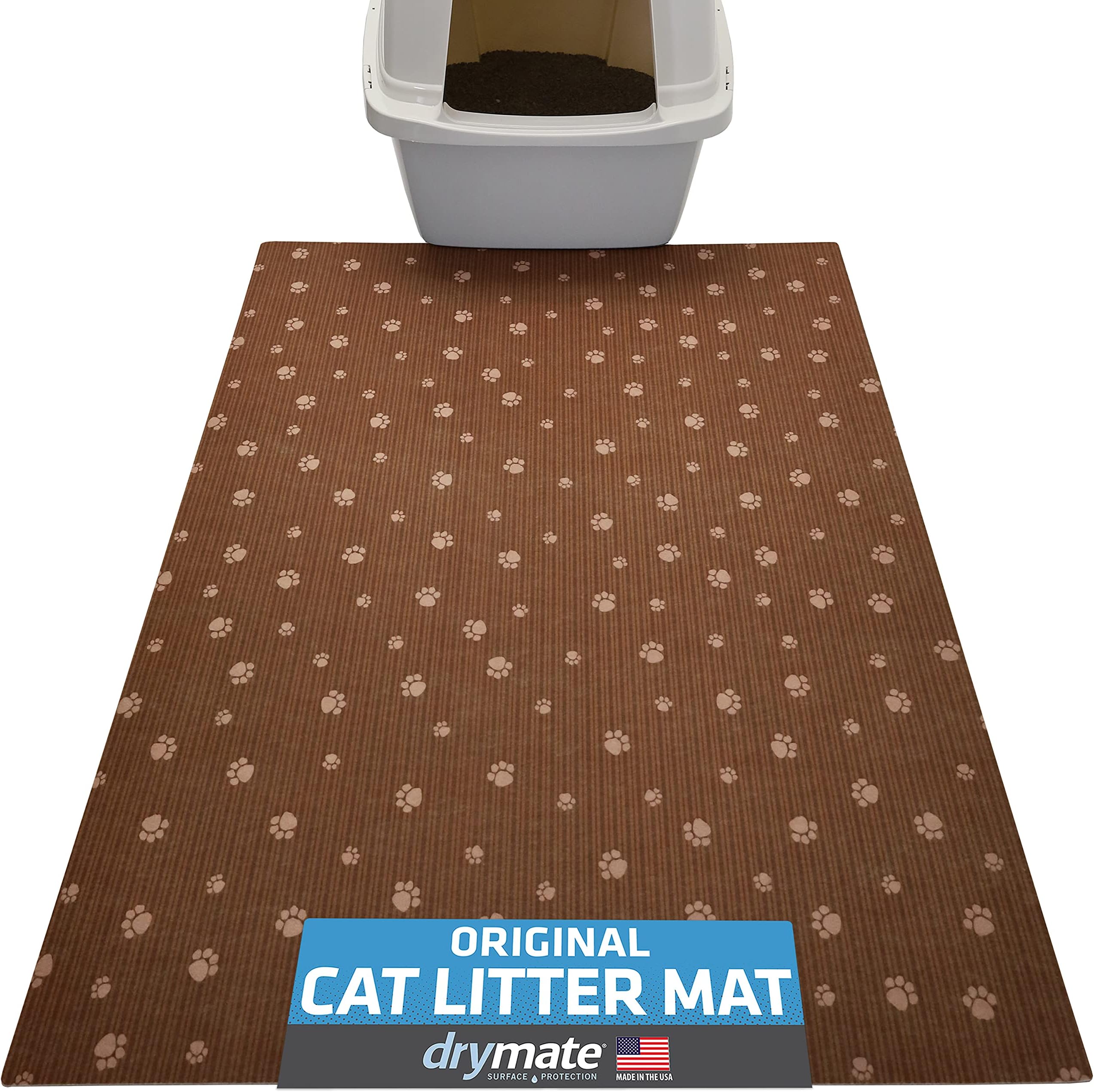 Drymate Original Cat Litter Mat, Contains Mess from Box for Cleaner Floors, Urine-Proof, Soft on Kitty Paws -Absorbent/Waterproof- Machine Washable, Durable (USA Made) (28”x36”)(BrownStripeTanPaw)