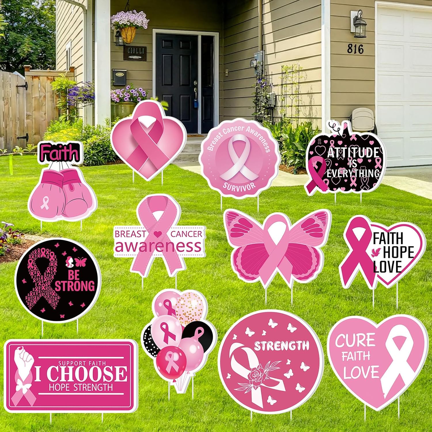 Amyhill 12 Pcs Breast Cancer Awareness Yard Signs for Outdoor Pink Ribbon Garden Lawn Signs Decoration with Stakes Waterproof Decor Gifts for Women Festive Holiday Party Patio Lawn Walkway Decoration