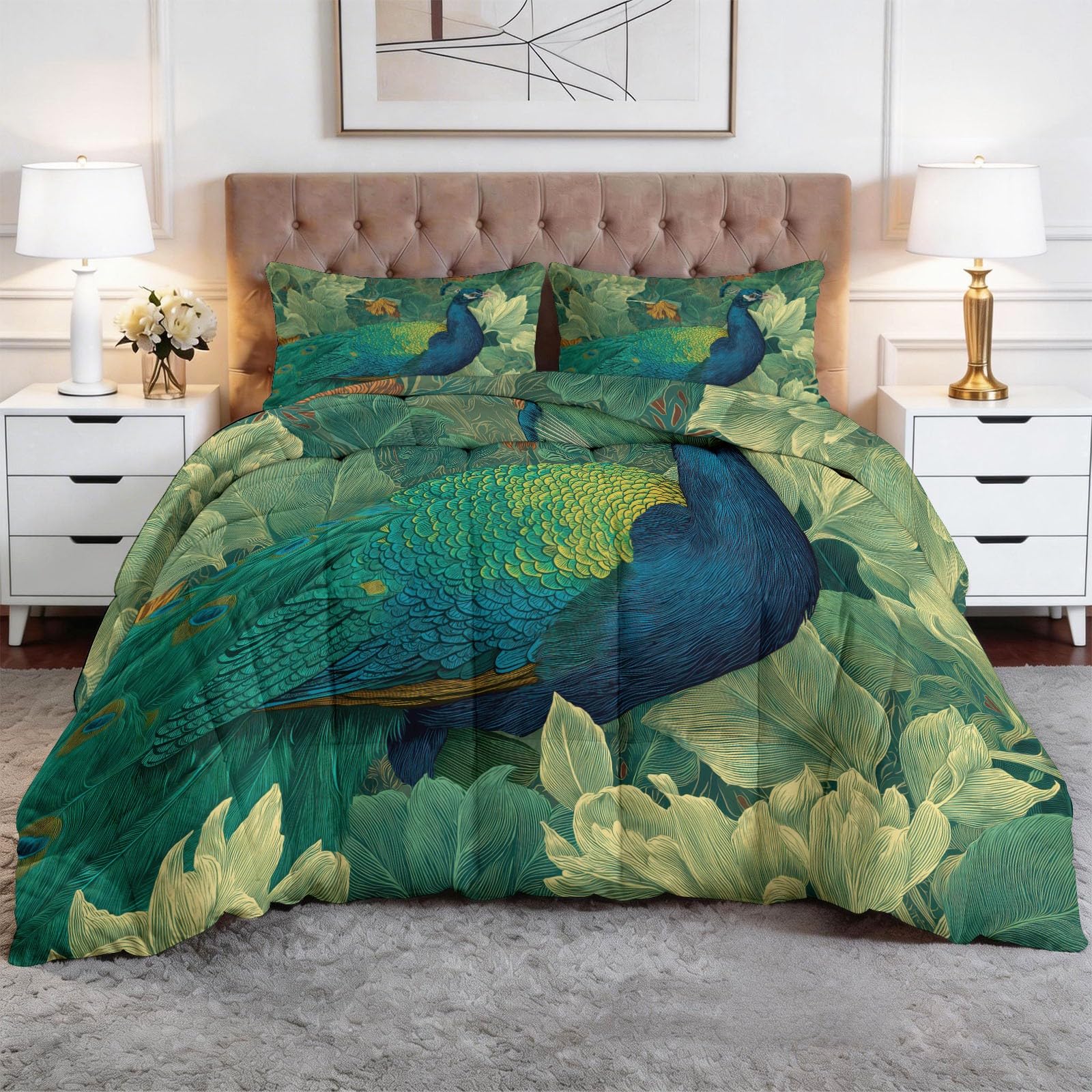 Piumino 4 Stagioni 150x200 cm Pavone Verde Trapunta Copriletto Imbottito Leggero in Microfibra Soffice, Trapuntino Stampa Reversibile Estate e Inverno
