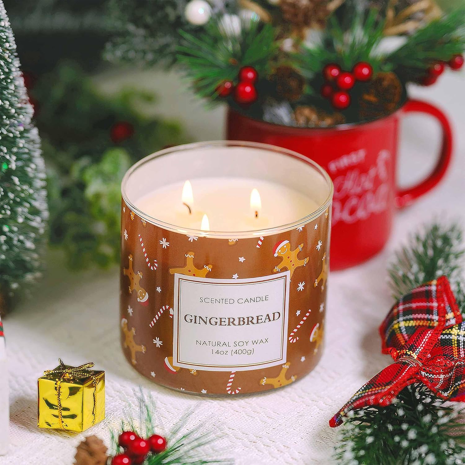 Christmas Candle, Christmas Gingerbread Candles, Candle Gifts for Women Xmas Decorations, Large 3 Wicks Scented Candle for Xmas, 14 oz Soy Wax Candle - Image 2