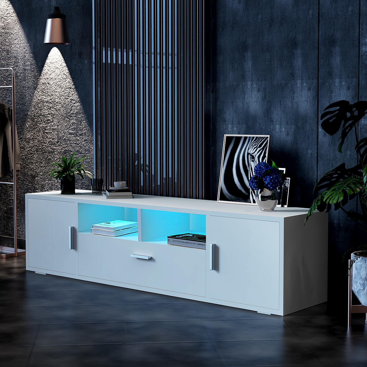 TV-Schrank LED, TV Lowboard mit Großem Stauraum, Fernsehtisch mit RGB LED-Beleuchtung, TV Board für Wohnzimmer Schlafzimmer, Weiß 160x 35 x 40 cm