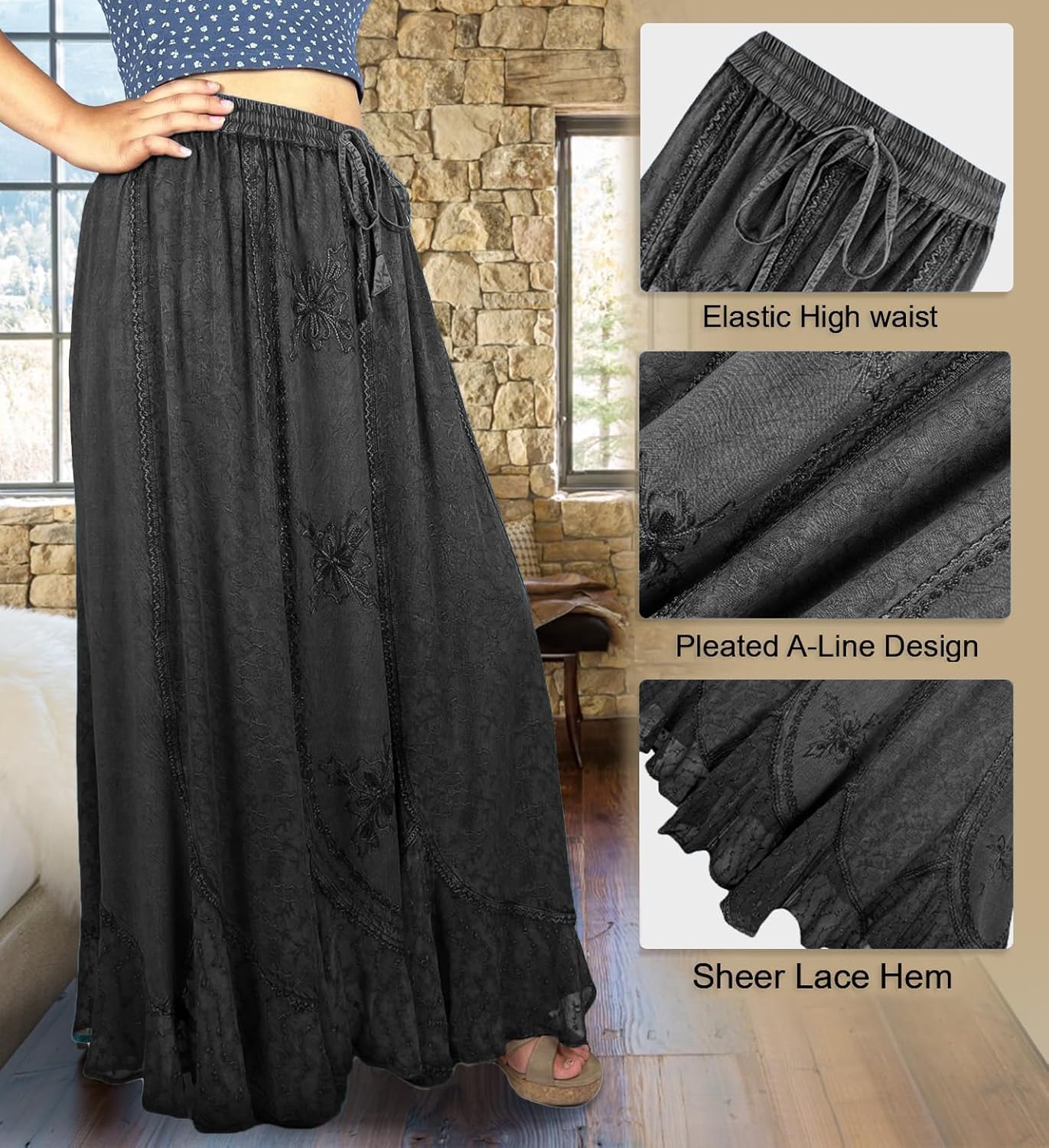 Agan Traders 2026 Maxi Skirts for Women - Medieval High Waisted Womens Skirts - A Line Drawstring Embroidered Long Skirt