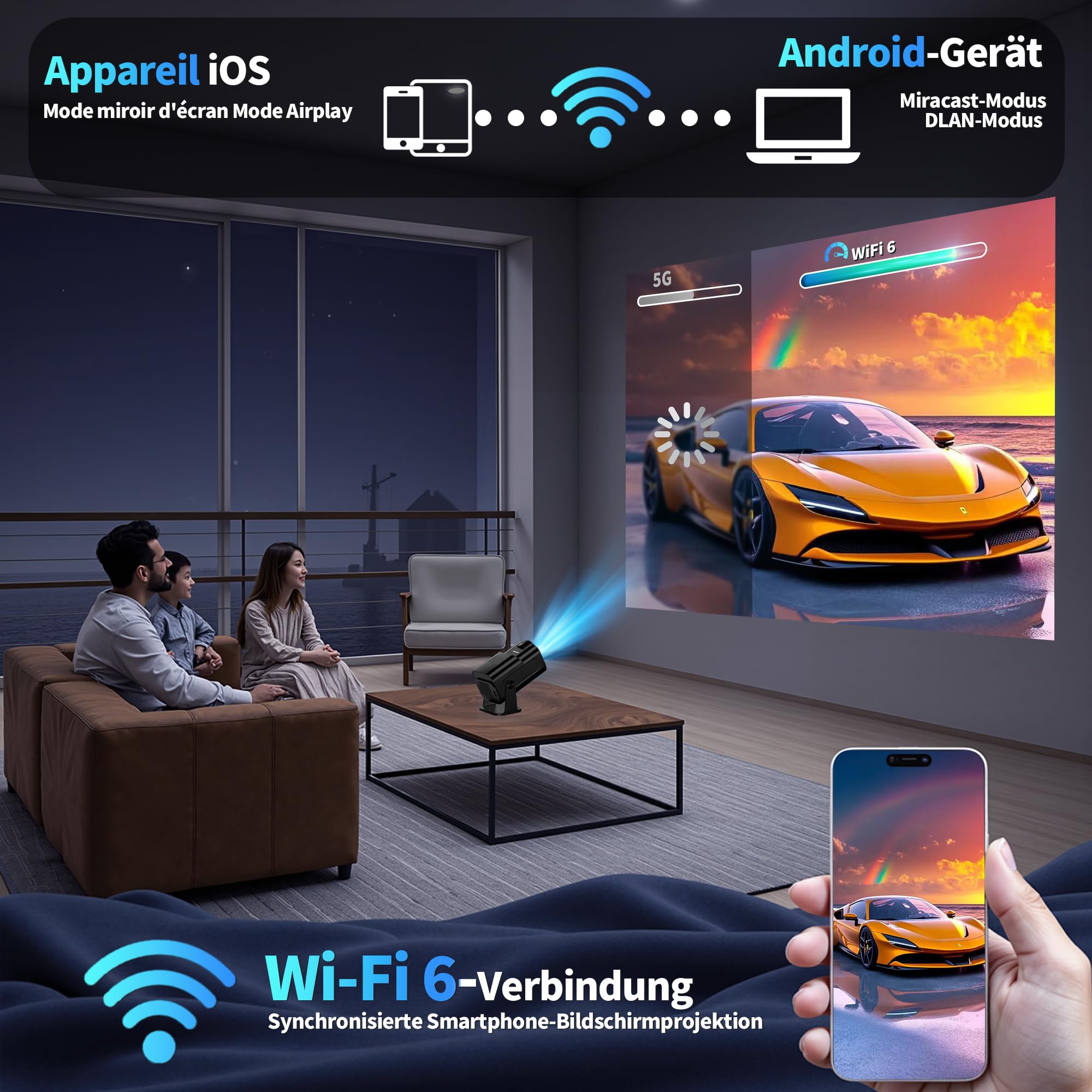 Mini Beamer Unterstützt 4K 1080P, Projektor Tragbarer mit WiFi 6 und Bluetooth 5.2, Beamer Klein Projektor Auto Keystone 270° Dreh Kompatibel mit HDMI/TV Stick/Memory Stick/Laptop, Schwarz