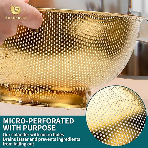 Miniatura 4 de Snailhouse Colador, 5 cuartos de galón de acero inoxidable para pasta de arroz y alimentos con asas y base autodrenante para cocina, color dorado