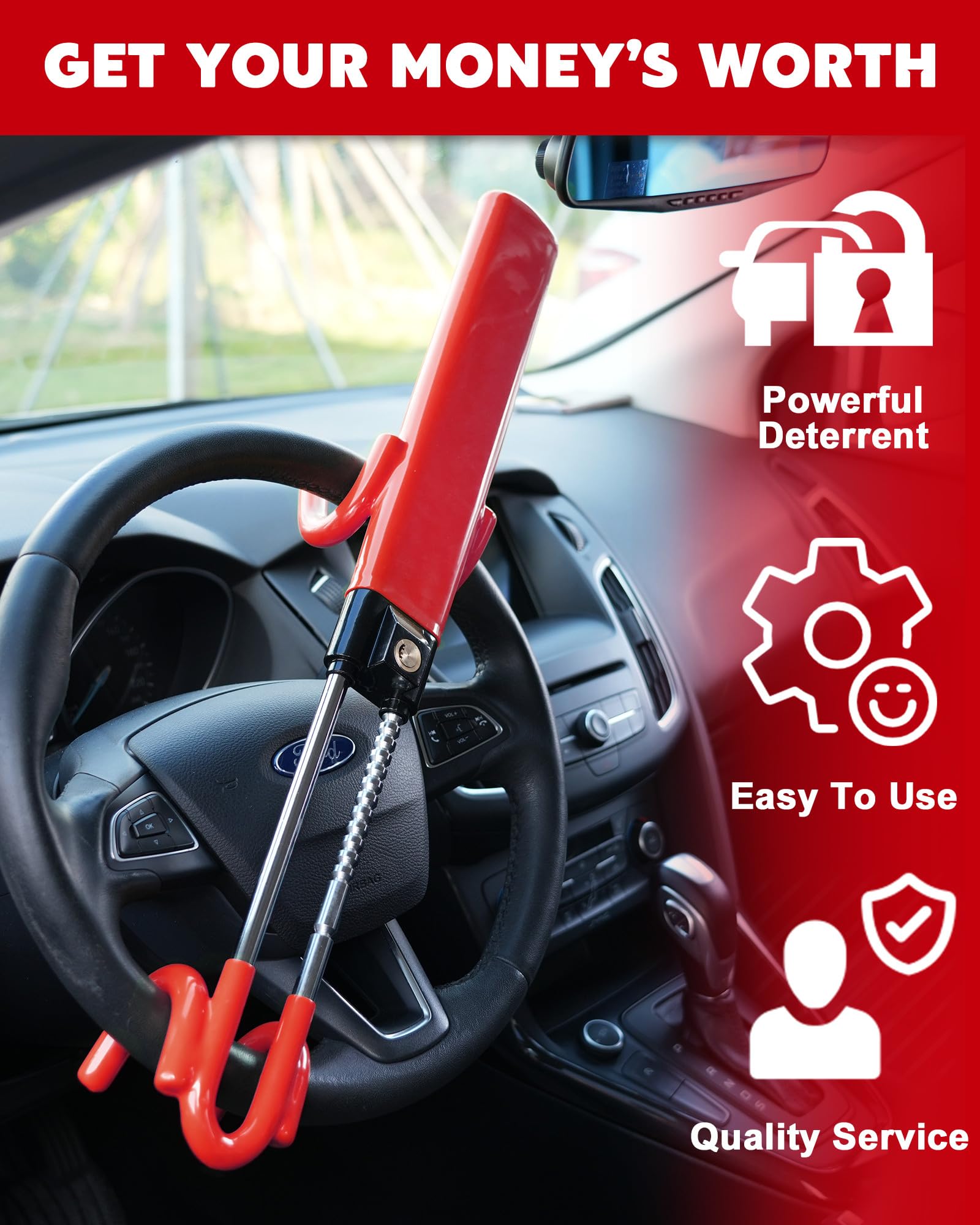 Tevlaphee Steering Wheel Lock Anti-Theft Car Device Heavy Duty Security Car Lock Antitheft Locking Devices Great Deterrent Adjustable Car Wheel Lock Anti Theft for Vehicle Truck SUV with 3 Keys (Red)