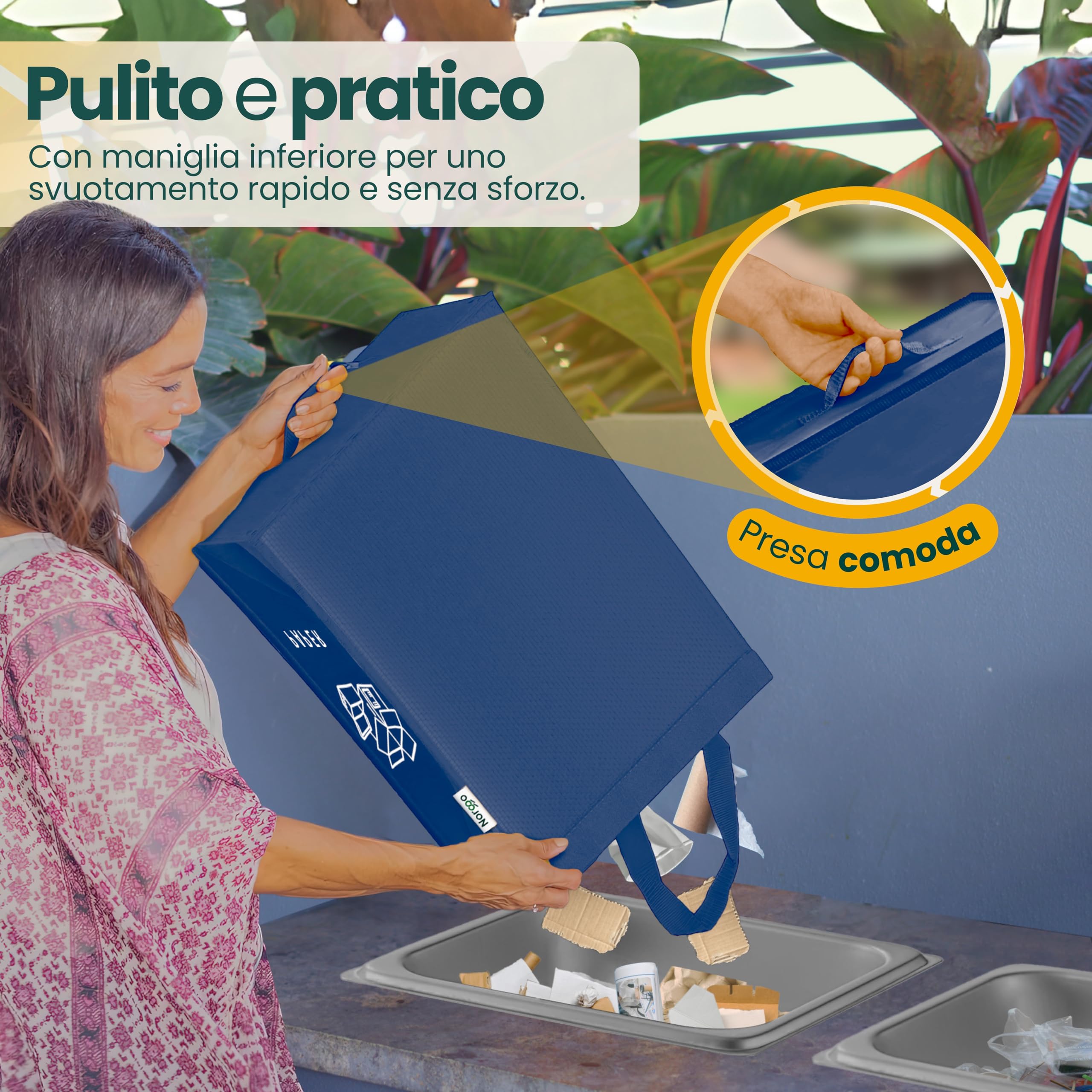 Borse per raccolta differenziata 40L – Set 3 buste raccolta differenziata per plastica, carta e vetro – Sacchi differenziata colorati con maniglia – Sacchetti e borse differenziata per casa