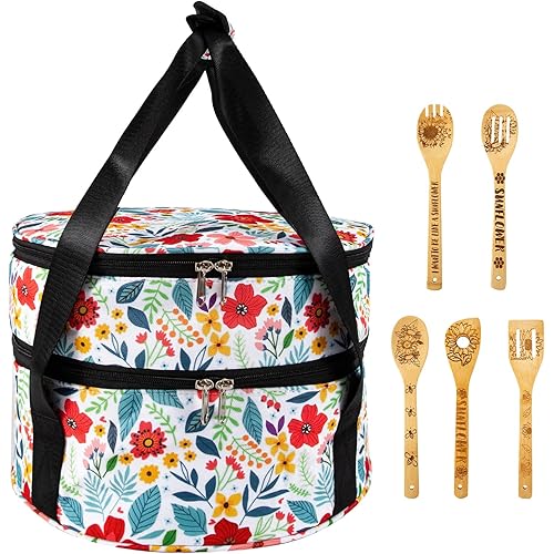 Pioneer Woman Insulated Casserole Carrier for Hot or Cold Food with Handle Double Layer Foldable Pioneer Woman Kitchen Stuff Accessories Attached 5 Sunflower Wooden Spoons