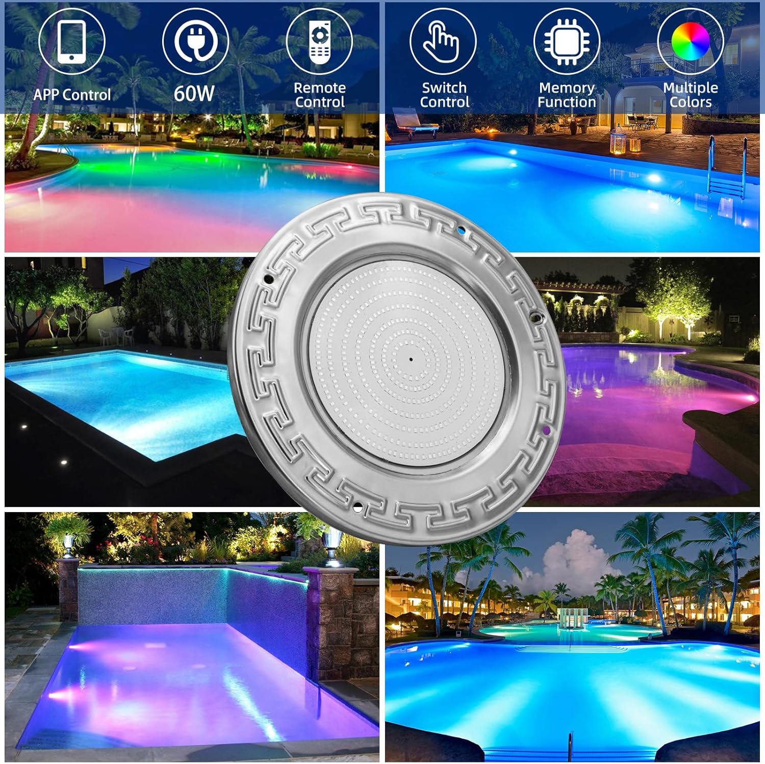 Pool Lights for Inground Pool, 60W 10 Inch LED Inground Pool Light with Controller, Remote and APP Control for Wet Niche, Color Changing Underwater Swimming Pool Lights with 50 Foot Cord