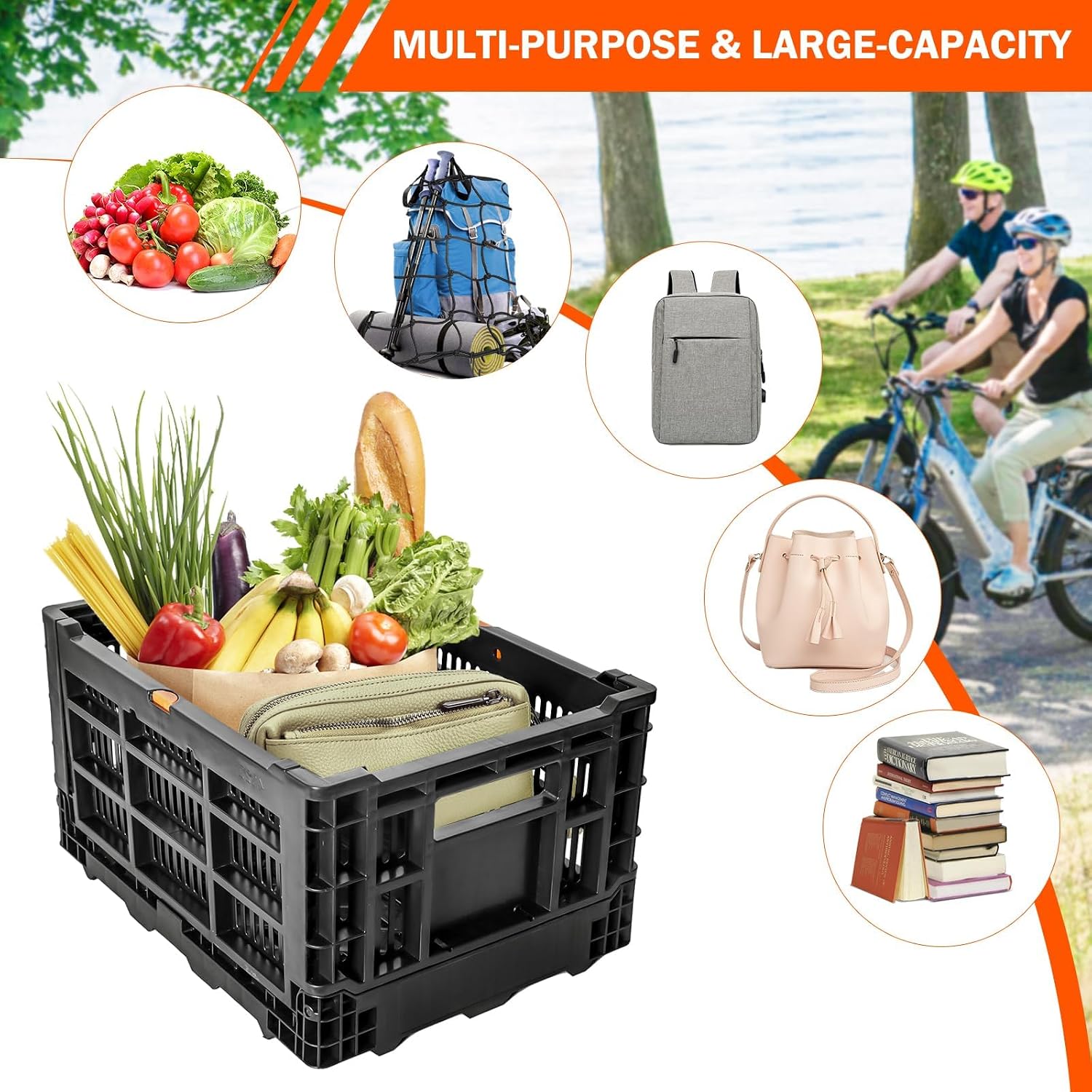 Bike Basket Rear,Foldable Rear Rack Bicycle Basket,Collapsible Bike Baskets with Mesh Pocket Waterproof Cover for Adult Bikes,Milk Crate Bicycle Storage Carry for Pets Fruit Shopping Outings