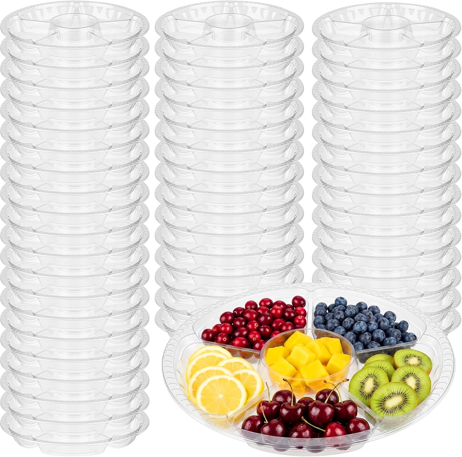 Rtteri 50 Pcs Round Plastic Fruit Trays for Serving Clear Veggie Tray 6 Divided Compartment Container Dip Platter Reusable Catering Platters for Vegetable Fruit Snack Nut Party and Buffet(10.4 Inch)