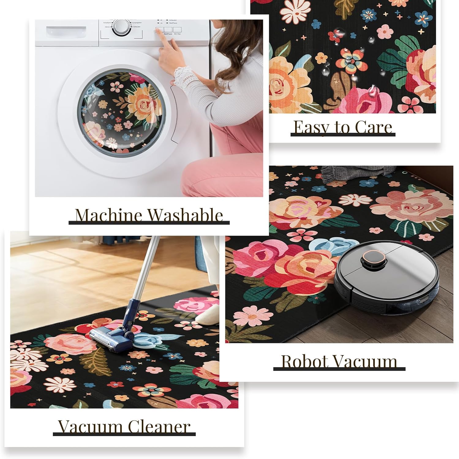 Washable Runner Rug 2x6,Black Floral Rug Runners Non Slip,Long Boho Rugs for Hallways Kitchen Bedroom Entryway Bathroom,Vintage Bohemian Farmhouse Distressed Oriental Floor Carpet