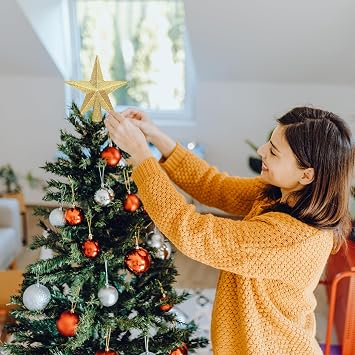 Christmas Tree Topper, 1PCS 4 Gold Glitter Star Tree Topper, 3D Xmas Shatter-Proof Mini Bethlehem Star Tree Topper Decorations, Waterproof Christmas Decor for Holiday Home Outdoor Ornament