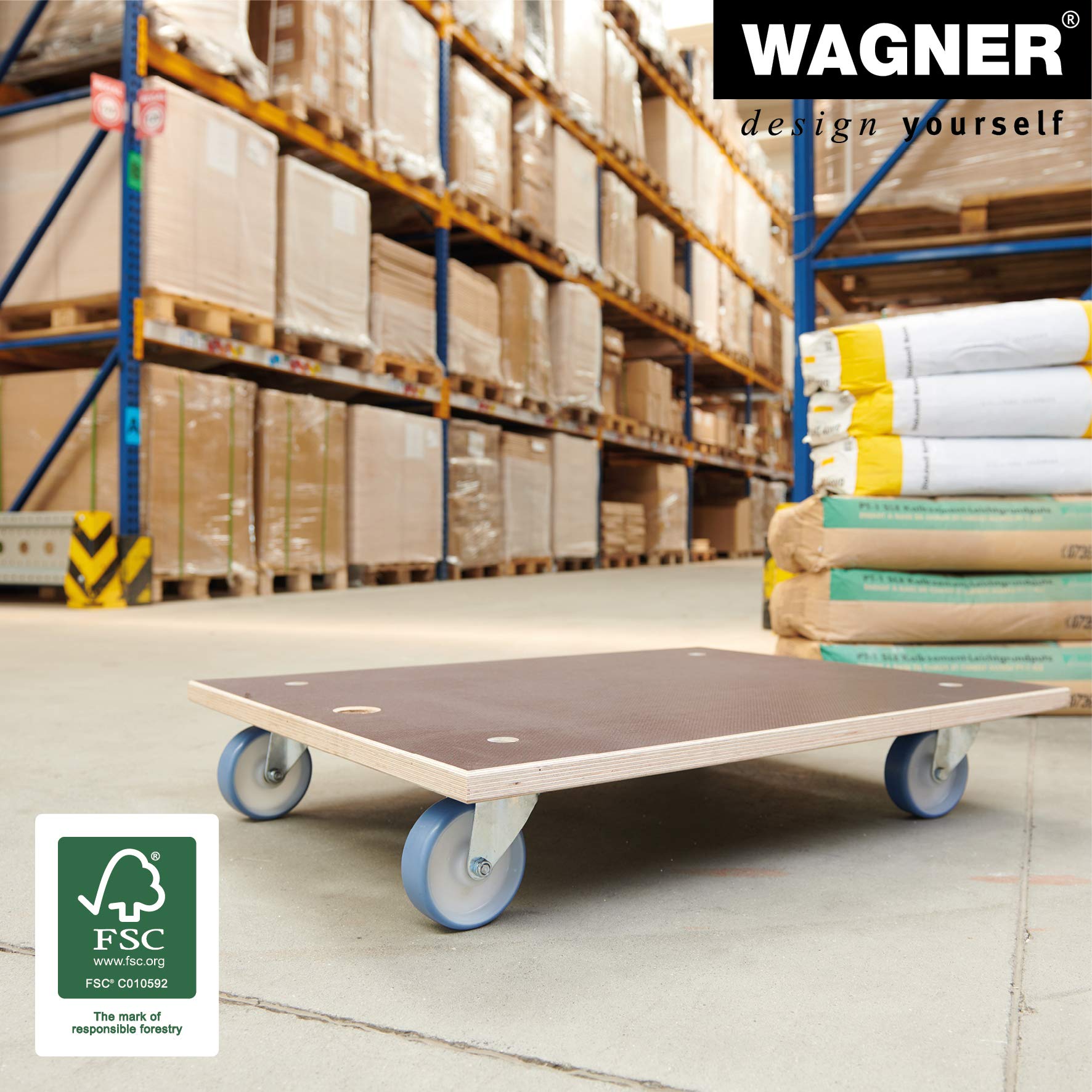 WAGNER Carrello da trasporto MM 1147 I 78 x 59 cm - per carichi pesanti e mobili I portata 500 kg I foro di sollevamento I superficie antiscivolo I certificato FSC® - 20114701