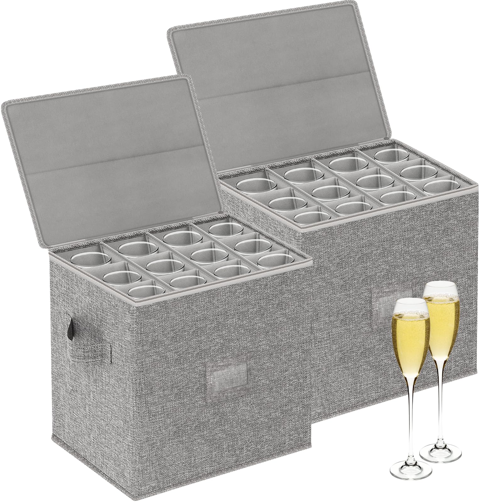Kukikan 2-Pack Champagne Flute Storage Container, Stemware Storage Cases, Stackable with Hard Shell Top, Sides and Bottom, Moving Supplies, China Storage Containers for 24 Crystal Glasses, 30cm Tall