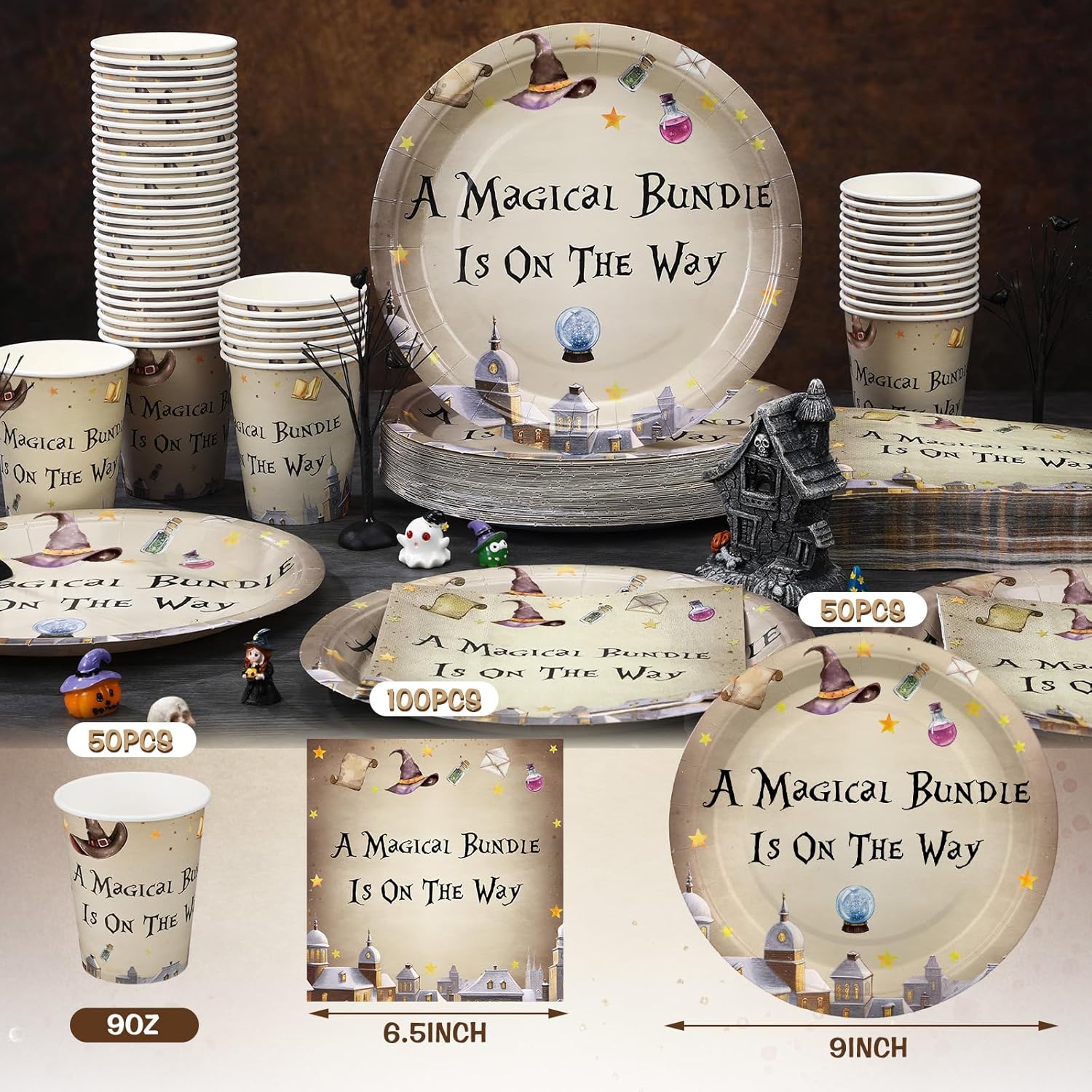 Hushee 200 Pcs Magical Wizard Baby Shower Paper Plates Napkins Cups Baby Shower Party Supplies Tableware Set Magical Wizard Theme Disposable Cup Napkin for 50 Guest Sets Party Decoration Boy Girl