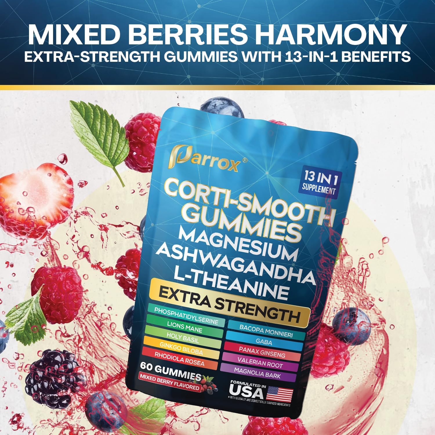 Corti-Smooth Cortisol Support Gummies with Magnesium, L-Theanine, Ashwagandha, Phosphatidylserine, Bacopa Monnieri, Lions Mane, Ginkgo Biloba, Valerian Root (Mixed Berry Flavor - 2 Pack)