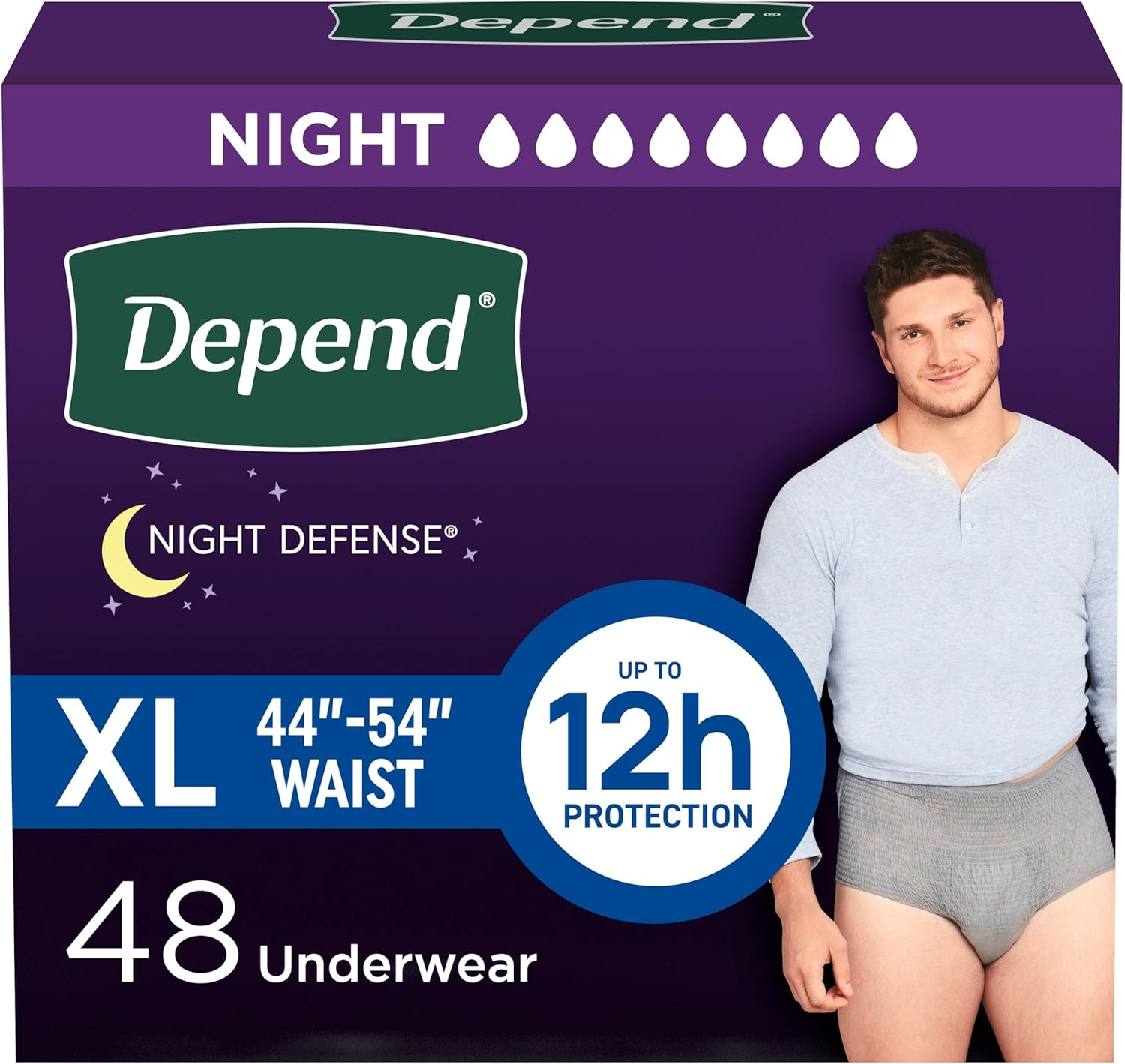 Depend Night Defense Adult Incontinence Underwear for Men, Disposable, Overnight, Extra-Large, Grey, 48 Count (4 Packs of 12), Packaging May Vary X-Large 48
