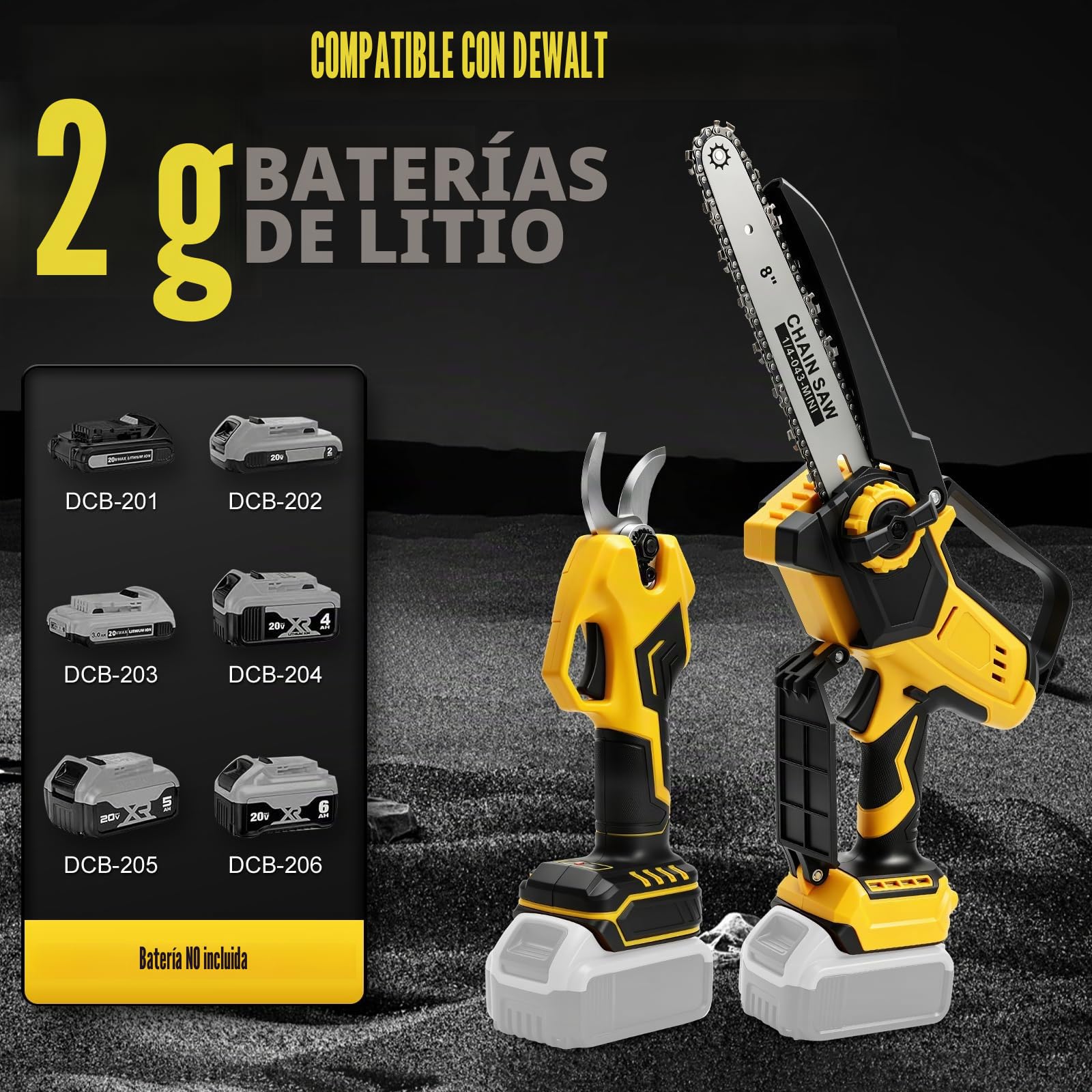 8 Pulgadas Mini Motosierra Telescopica & 28 mm Tijeras de Podar Eléctricas | para Dewalt 18 V, 20 V batería, 4 en 1 Kit de Herramientas de Jardín, Alcance Máximo Hasta 4,5 m