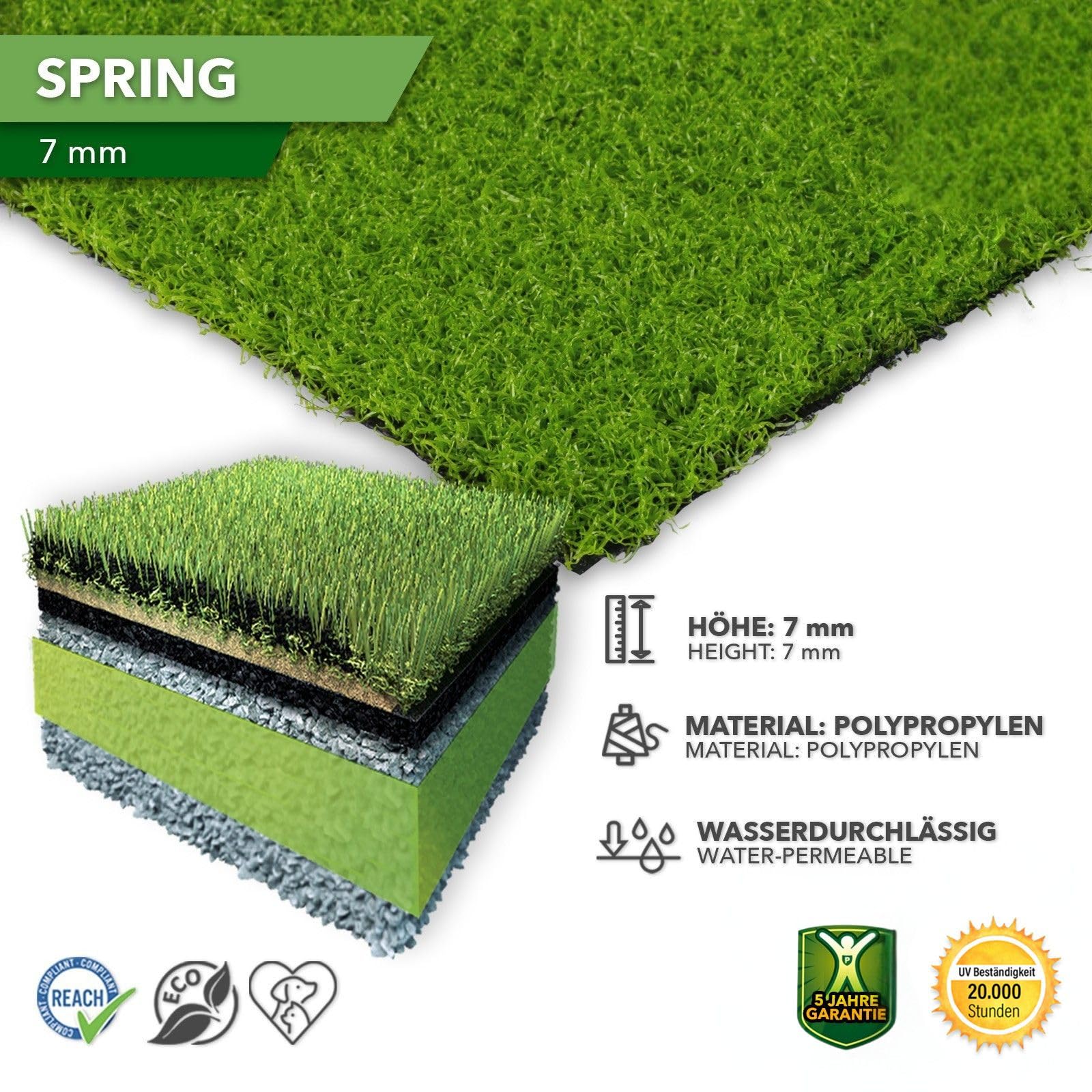 Floordirekt Gazon Synthétique 2 x 5 m = 10 m² Gazon Synthétique pour Balcon Résistant aux Intempéries - Vert 7mm Spring