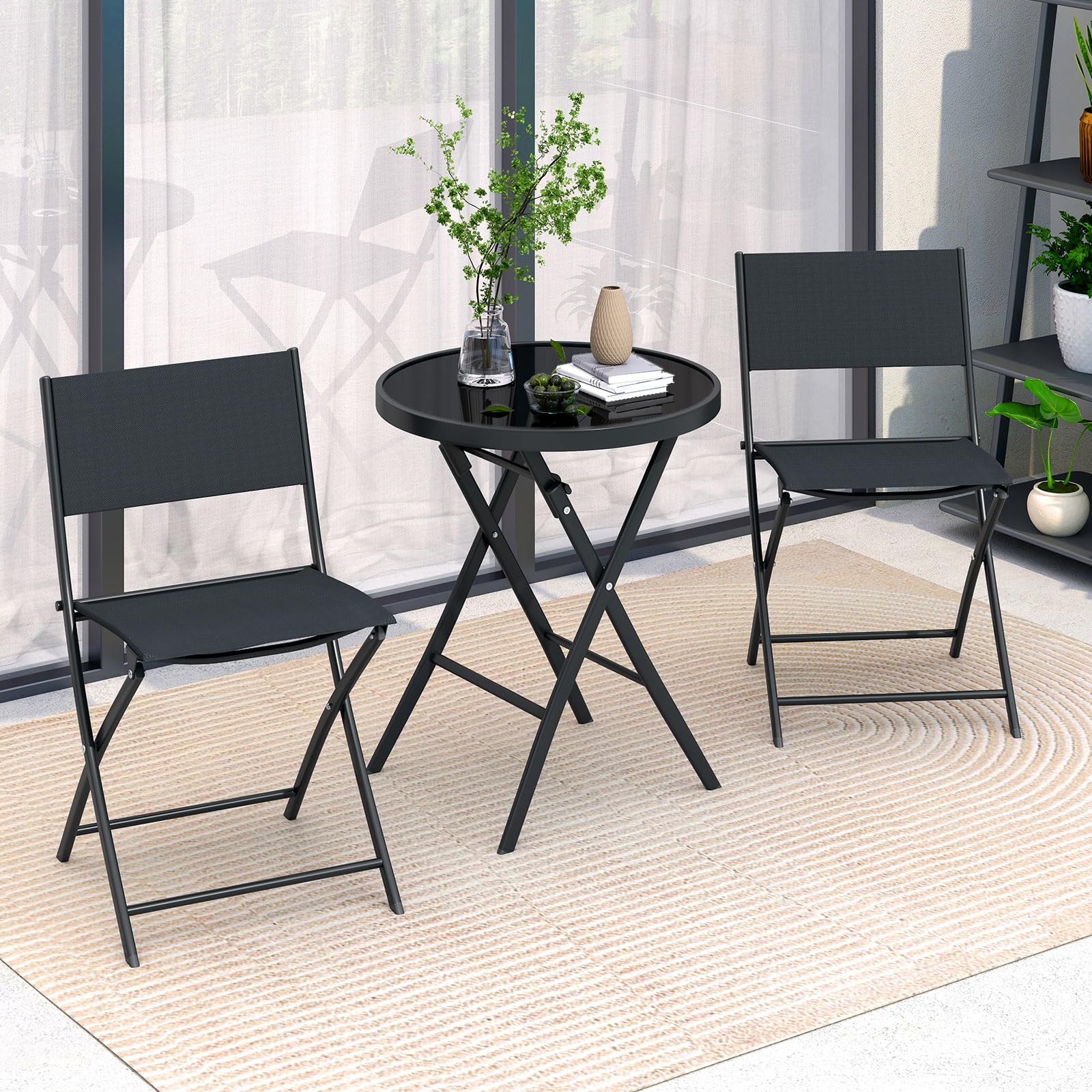 COSTWAY Set Tavolino e Sedie da Giardino Pieghevole, Set Bistro 3 Pezzi, Tavolino con Piano in Vetro Temperato e Metallo, Sedie con Tessuto Textilene Impermeabile, per Balcone, Patio, Piscina