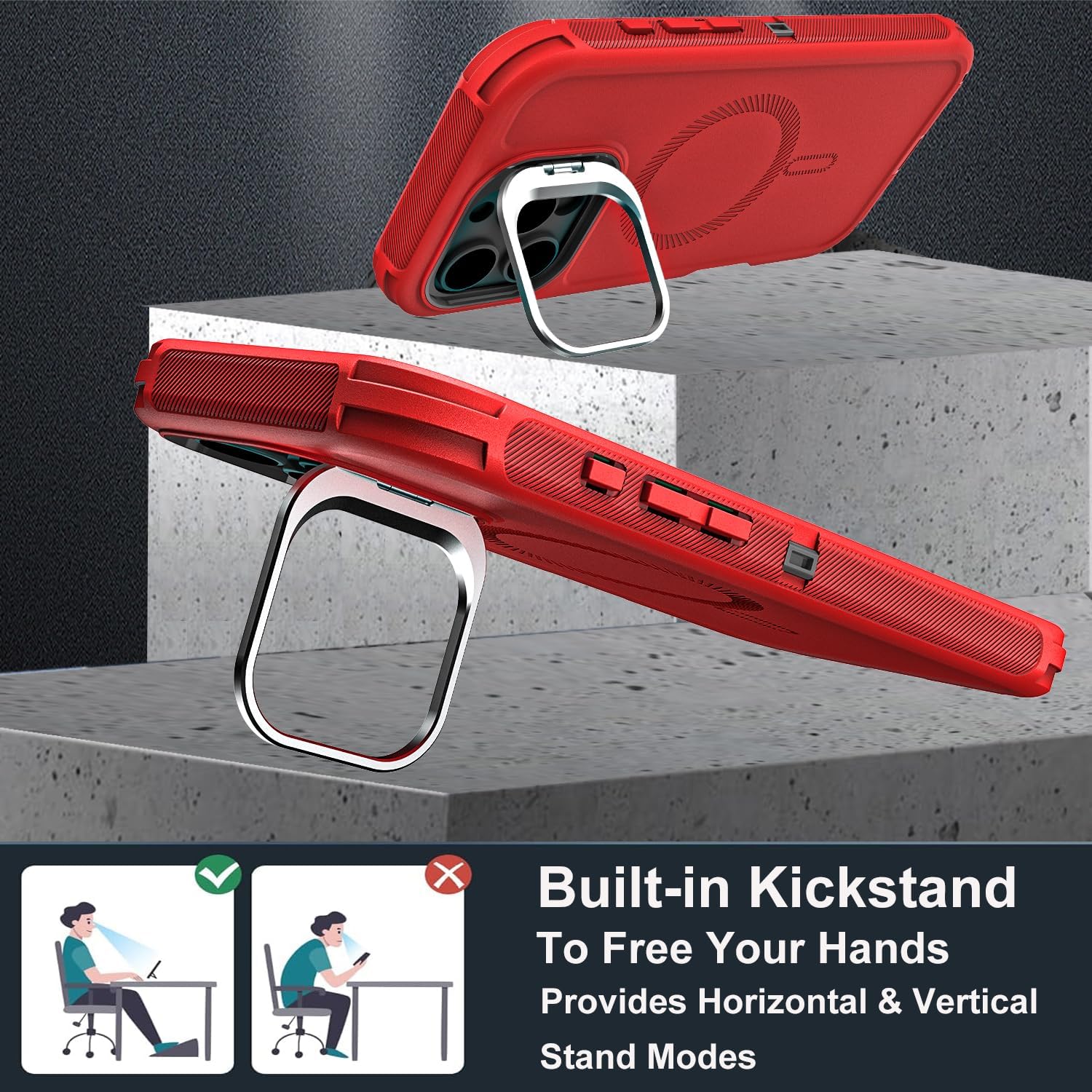 YKHJKLEC for iPhone 16 Pro Case, Military Grade 3 in 1 Heavy Duty Shockproof/Drop Proof/Dust Proof with Kickstand Case, with 2 x Tempered Glass Screen Protector & 1 x Wrist Strap (ZJ-Red/Black)