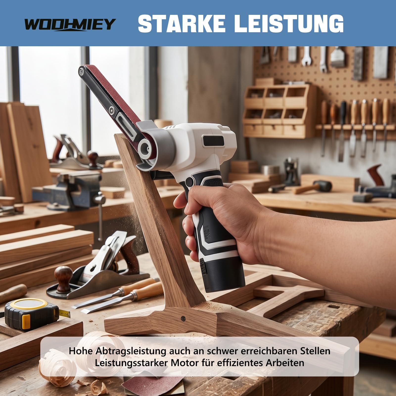 Akku-Bandschleifer, 12 V Lithium-Akku, 7000 U/min, 10 Schleifbänder (80-320 Körnung), Leistungsstarker Motor für Holz, Metall und gebogene Flächen, 2 Stunden Laufzeit, Schnellladung Weiß