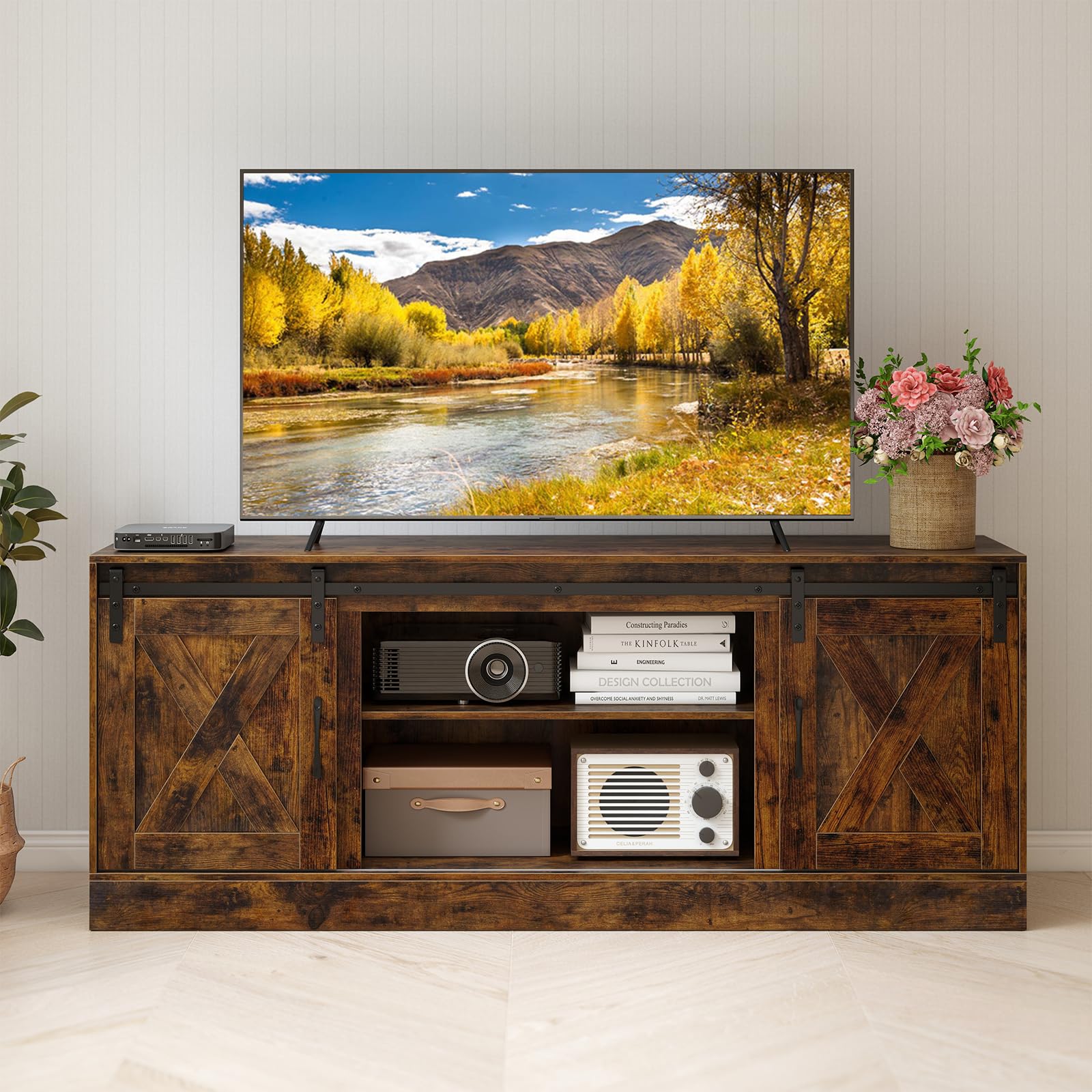 COSTWAY Mobile TV Soggiorno fino a 70'', Tavolino Porta TV con Porte Scorrevoli, Ripiani Regolabili, Consolle Media 150 cm per Soggiorno, Camera da Letto e Ingresso