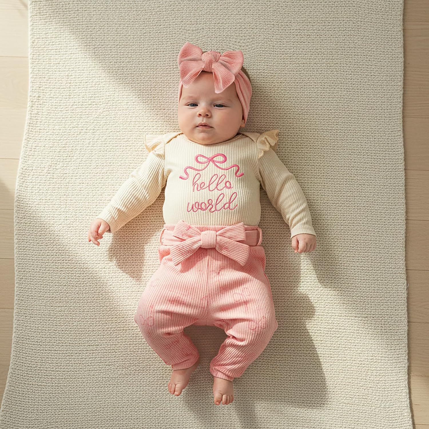 Twopumpkin Preemie Clothes Baby Girl Outfit Newborn Hello World Ribbed Romper Knitted Pants Headband Coming Home Outfits - Image 2