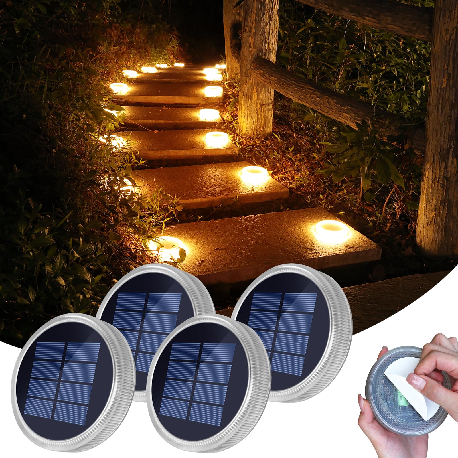 YiLaie Segnapasso 24 Leds Esterno Solare, 11cm Luci Circolari da Giardino con Adesivo Luce 360°, Faretti Solari a Pavimento IP68 Calpestabili per Viale, Camminamento, Scale, Bianco Caldo (4 Pezzi)