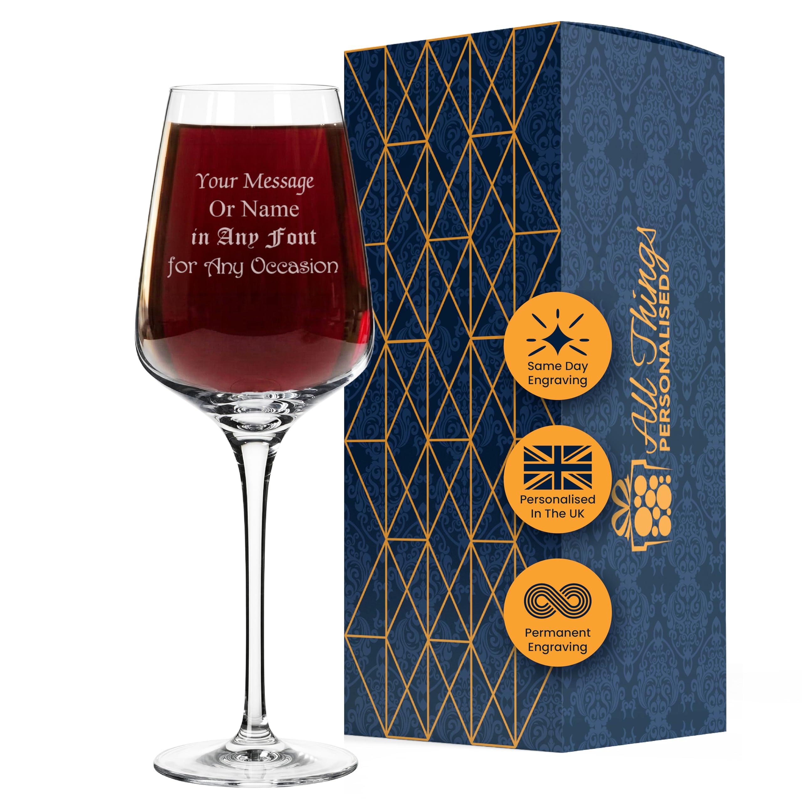 All Things Personalised Calice Vino Personalizzato 450ml - Bicchiere Vino per Compleanno, Matrimonio e Altro - Personalizzabile con Nome e Messaggio - Confezione Regalo, Incisione al Laser