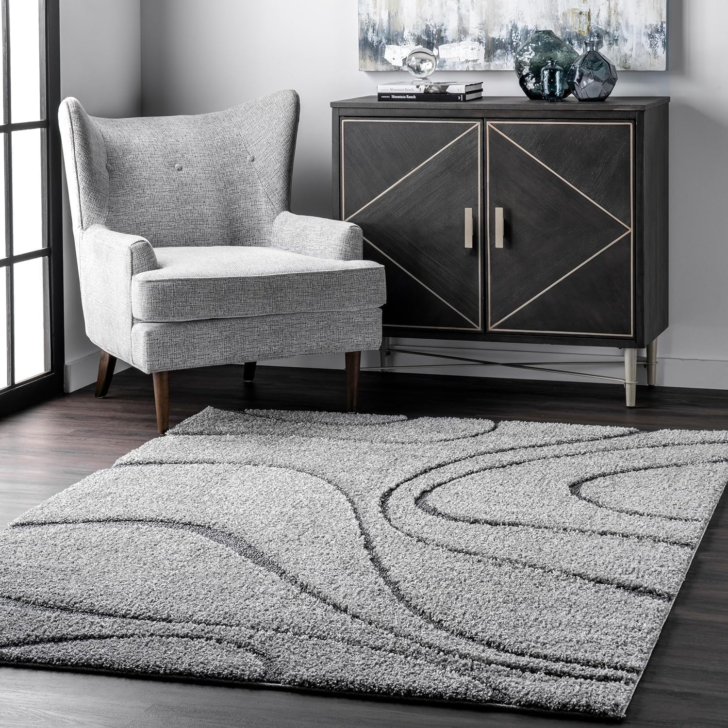 Microfiber Shaggy Area Rug for Living Room and Dining Room Soft Plush Non-Slip Fur Carpet Colorblock Mat Aesthetic Decor in Grey on Grey Coloration, Square 8x8 Feet