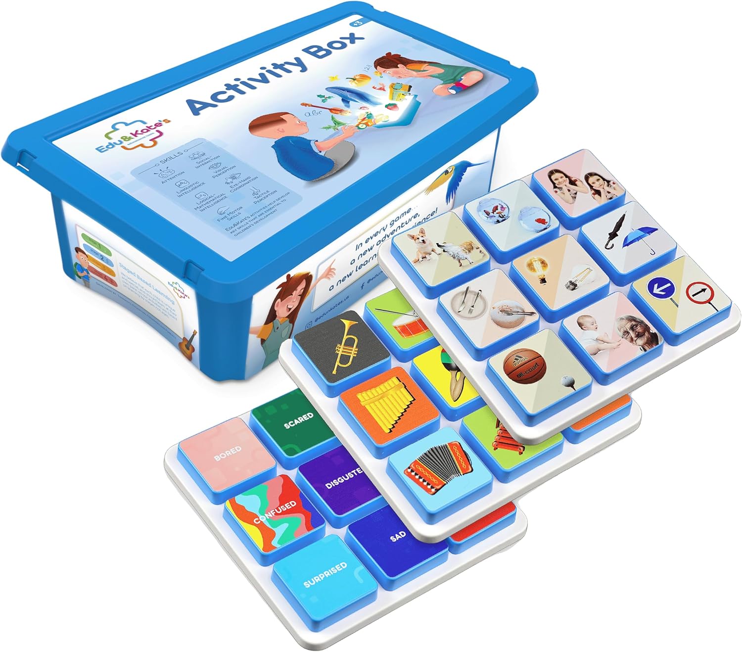 Edu&Kate’s Learning Toys for Preschoolers & Kids with Autism - 27 Pcs, 3 Boards + Activity Box - Early Skills Development - Perfect as Montessori Speech Therapy Materials - Stage 4