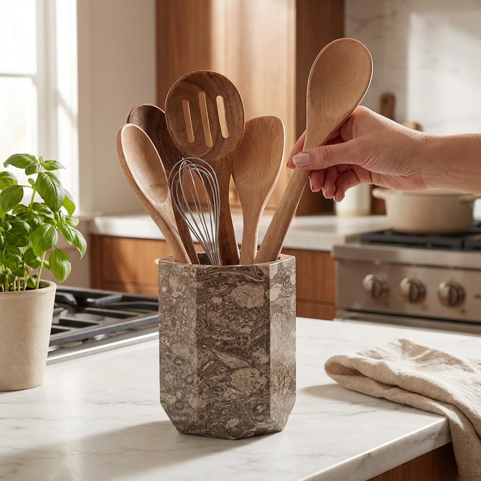 Radicaln Porte-ustensiles en marbre 16,5 cm fait main, ensemble de spatules océaniques pour comptoir de cuisine, idéal pour organiser les ustensiles de cuisine et les essentiels de cuisine, caddy à