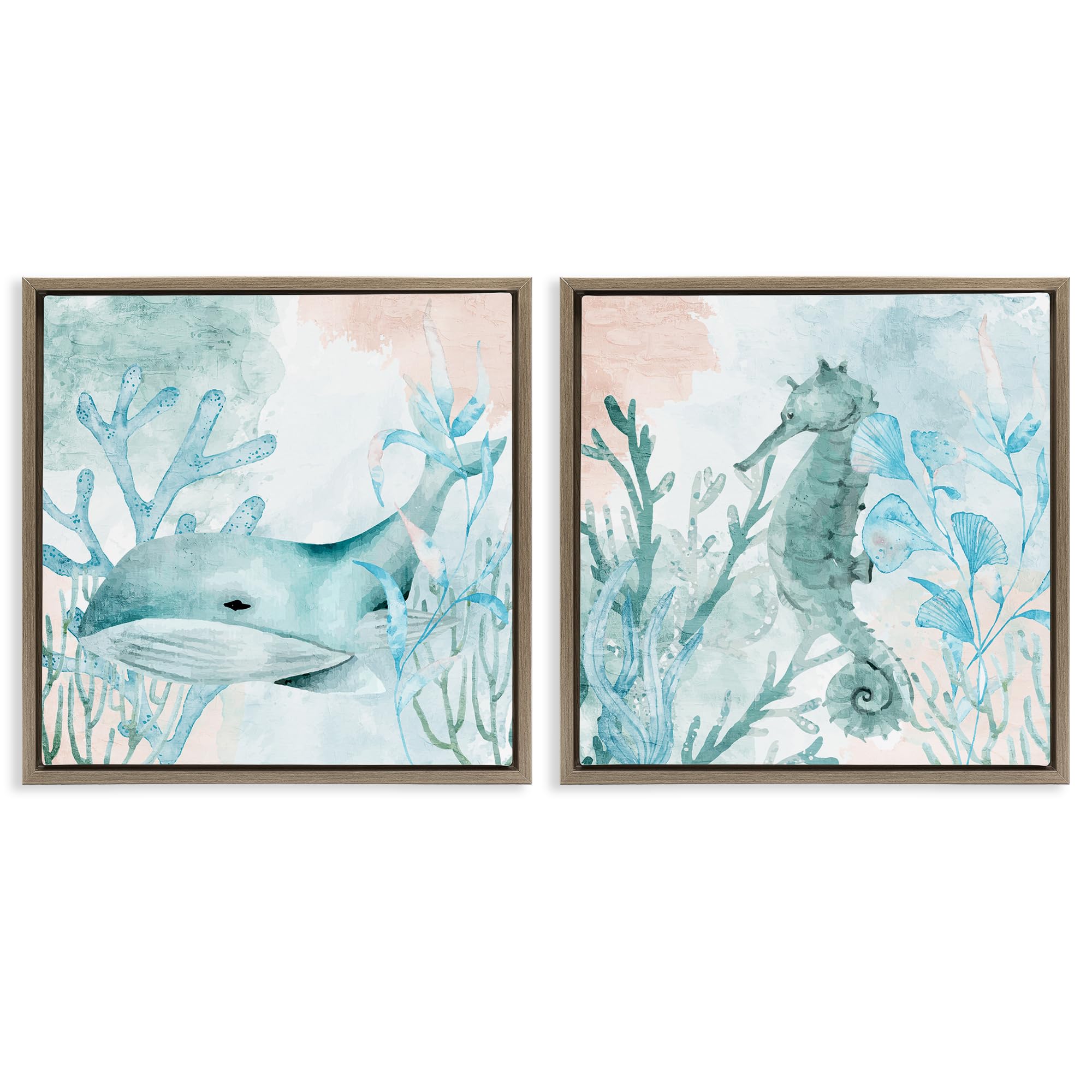Stupell Industries Montalcino Elm (Textured) 'Whale & Seahorse Sea Swim', 2Pc Floating Frame Art Set 2, Brown, 25 X 25 Inches, Easy To Hang And Sturdy, Made In Usa, By Kim Allen
