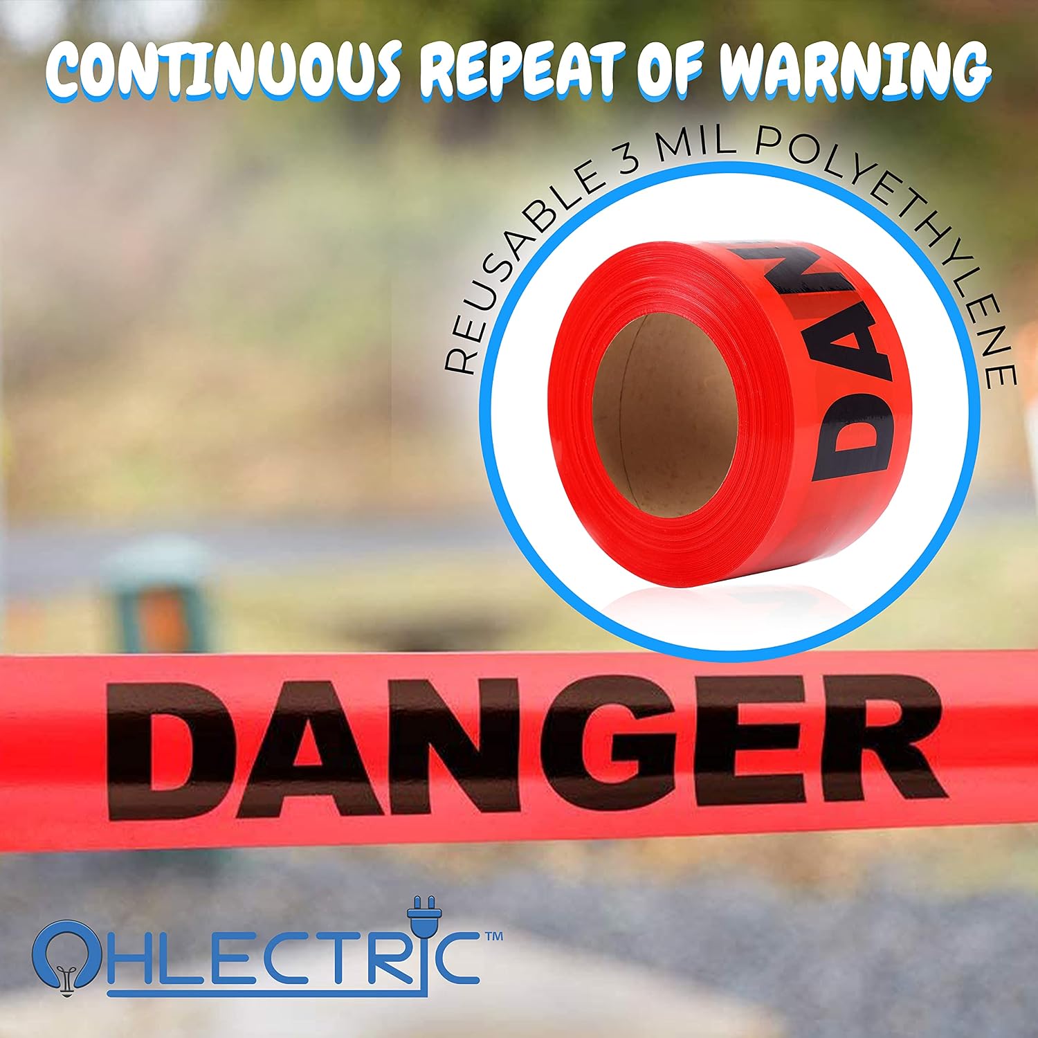 OHLECTRIC 3-Mil Polyethylene Caution Tape - Lightweight, Durable and Non-Adhesive Bright Red Barricade Tape - Continuous Danger Printed Reflective Tape - 3” X 1000’ | Pack of 2